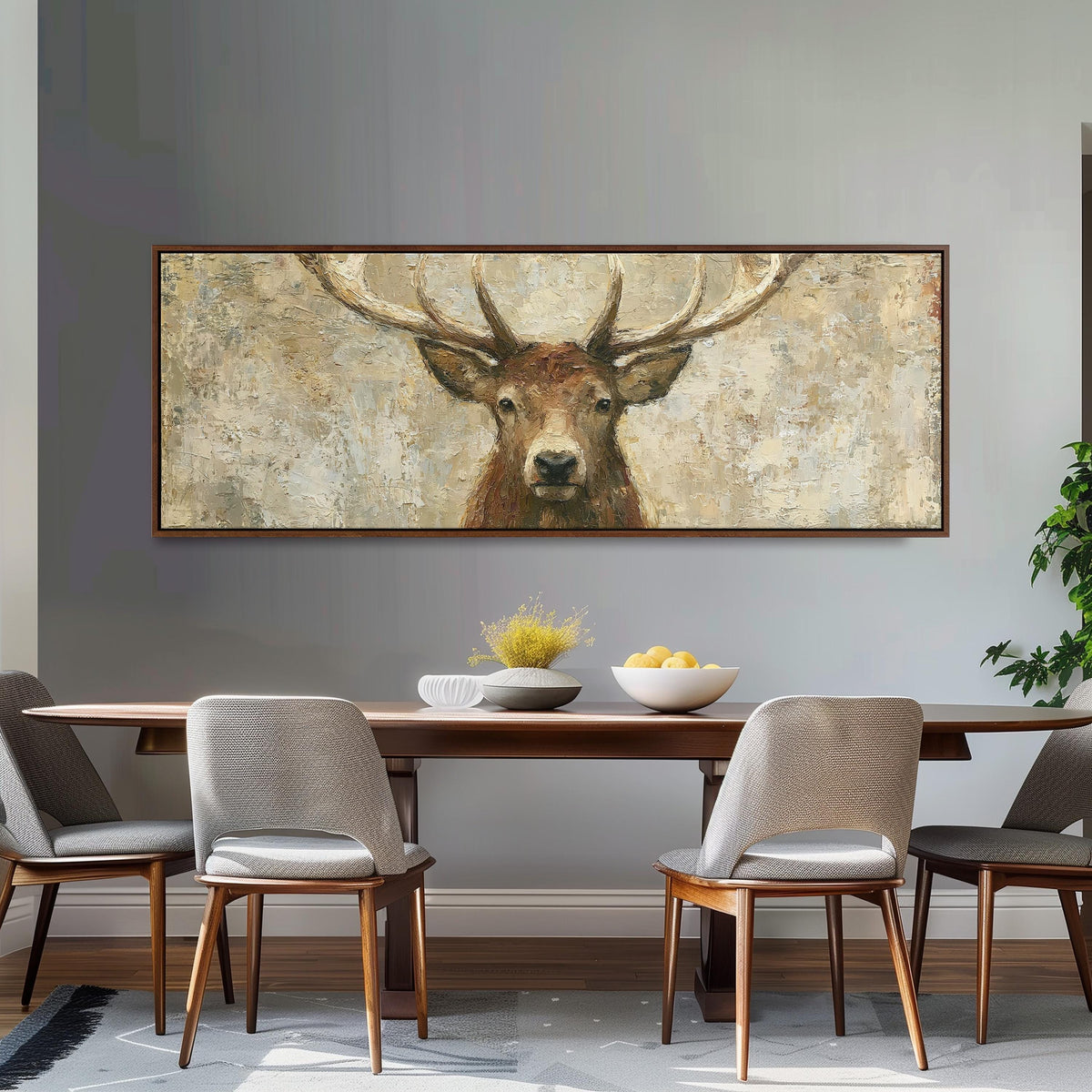 Rustic stag portrait long horizontal canvas print above a dining table