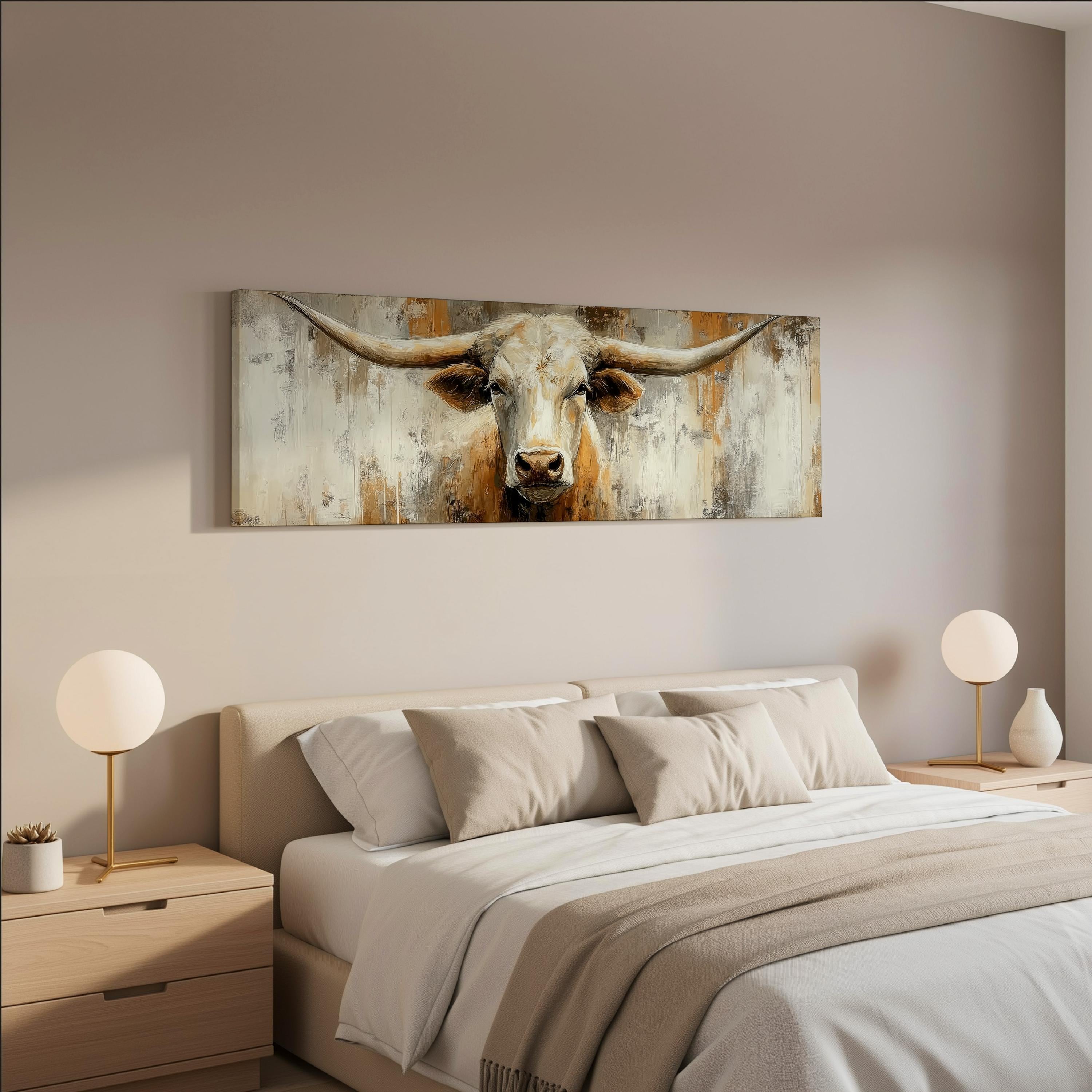 a large painting of a bull's head hanging above a bed with white bedding and pillows.