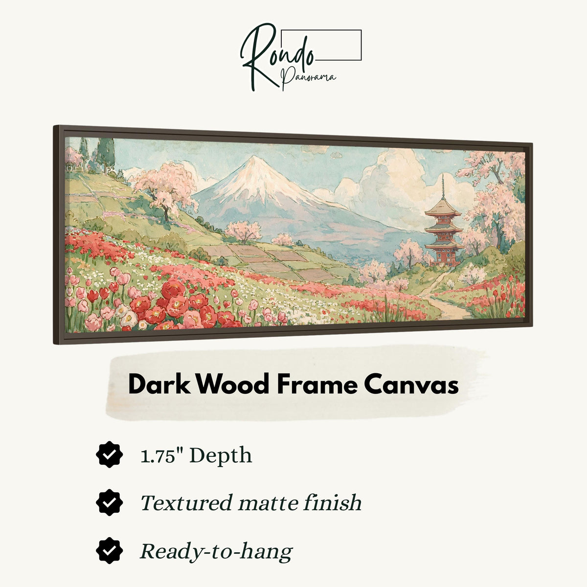 Mount Fuji with sakura and a pagoda canvas print in a dark wood floating frame