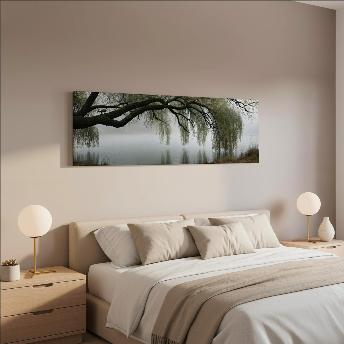 Weeping willow over a misty lake wide panoramic canvas print above a bed in a neutral bedroom