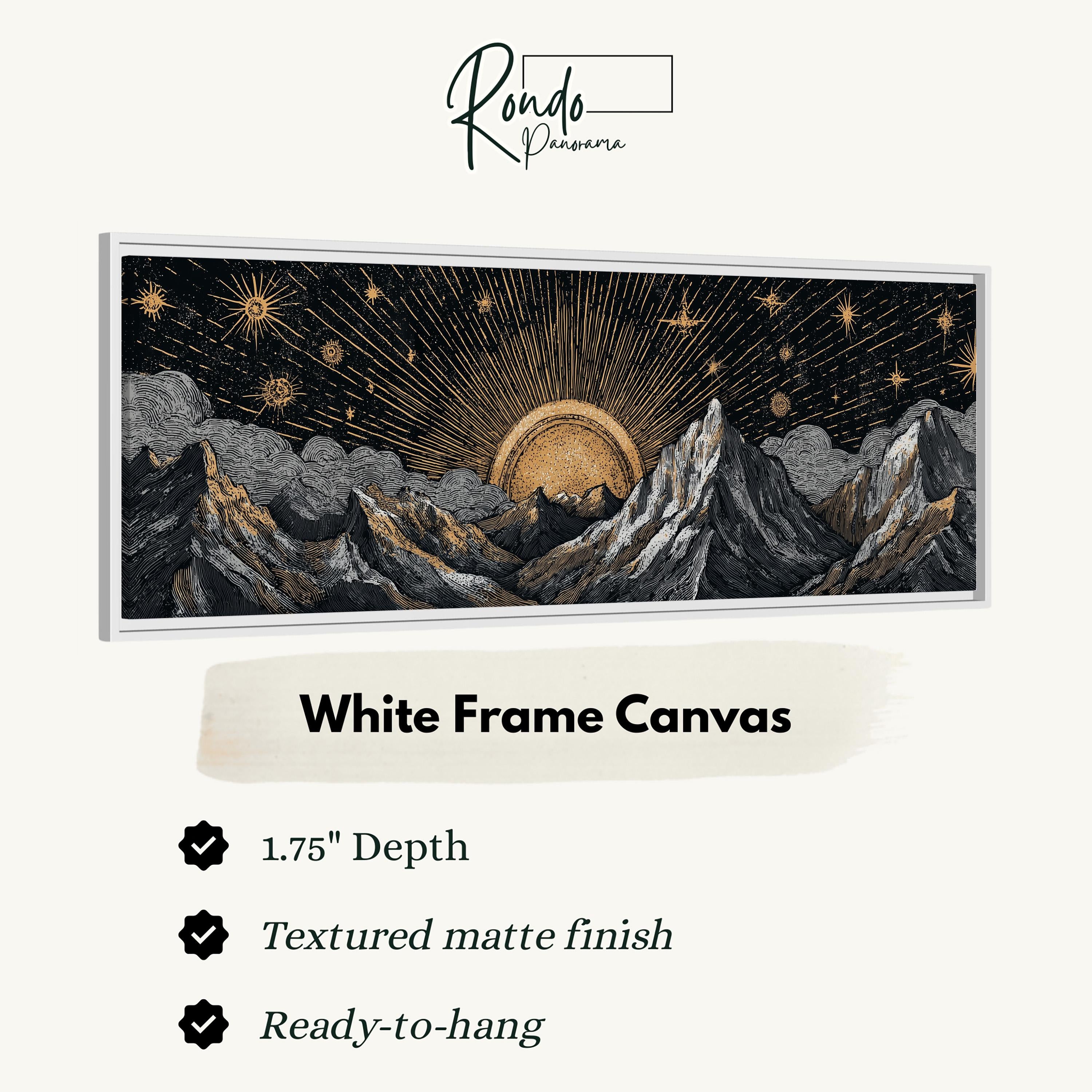 The image is a white frame canvas depicting a mountainous landscape with a sun and stars in the sky.