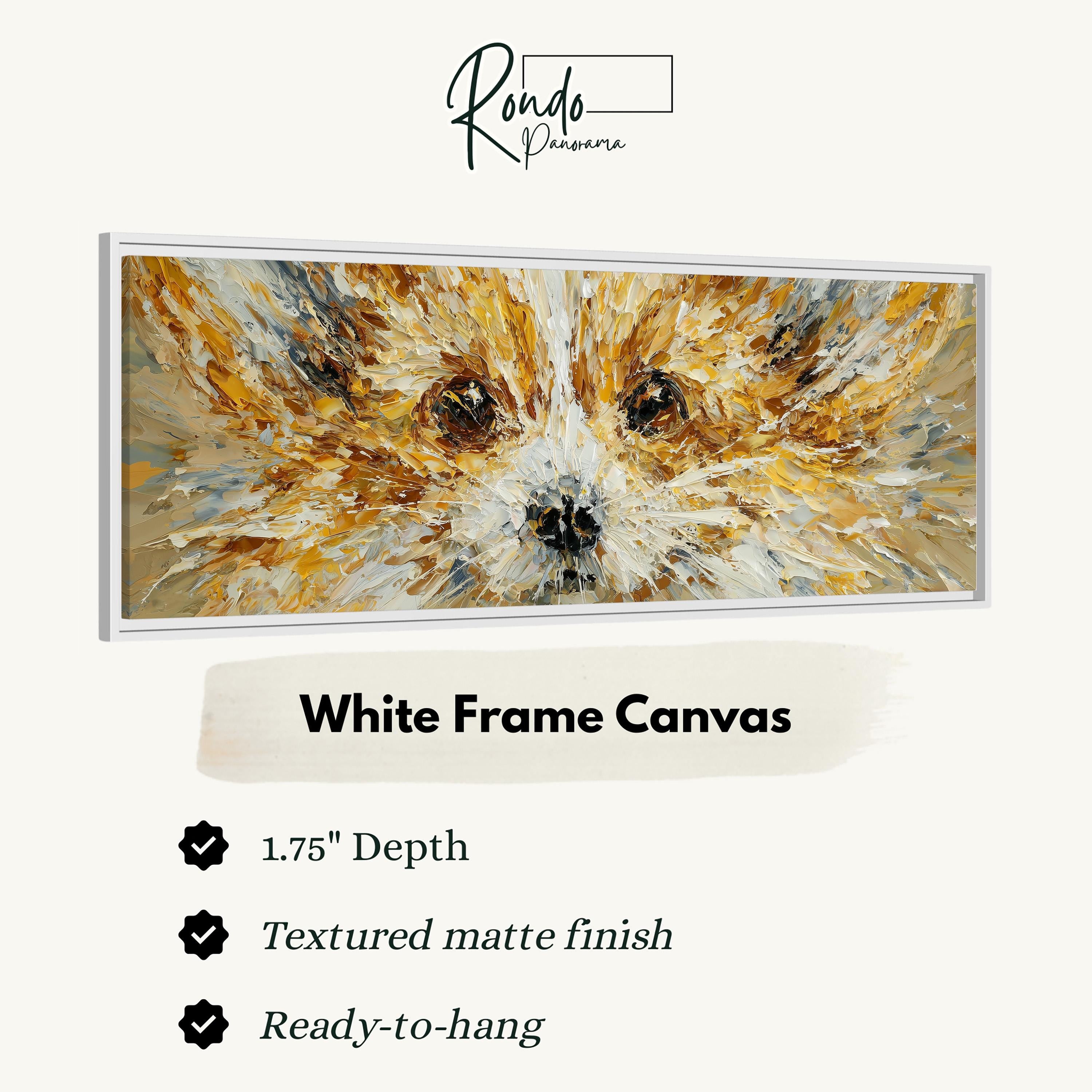 The image is a close-up of a white frame canvas featuring a painting of a dog's face.