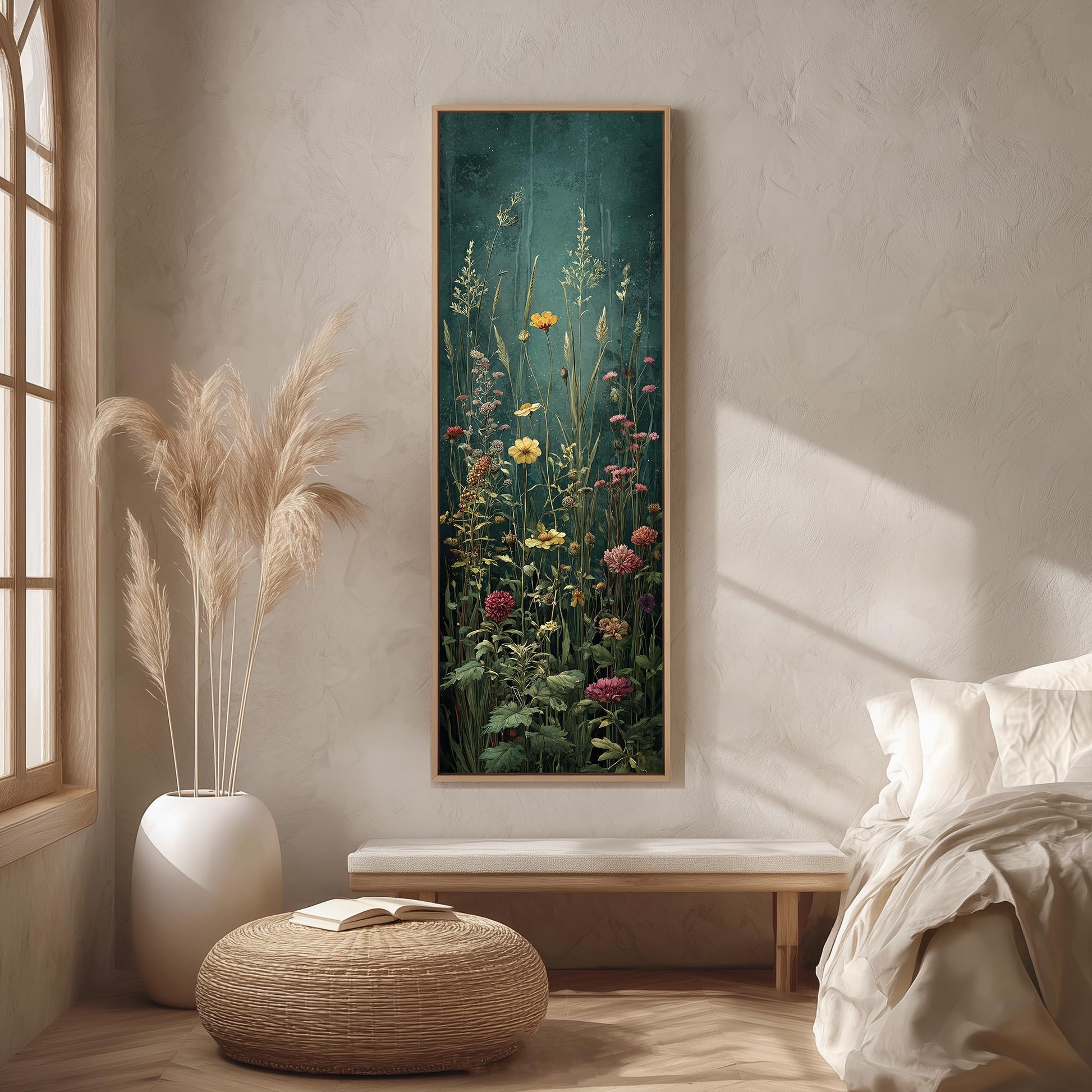 a serene and cozy bedroom scene, featuring a large framed painting of a lush garden filled with vibrant flowers and greenery, a white bed with a white pillow, a white wicker ottoman, and a large window with white curtains.