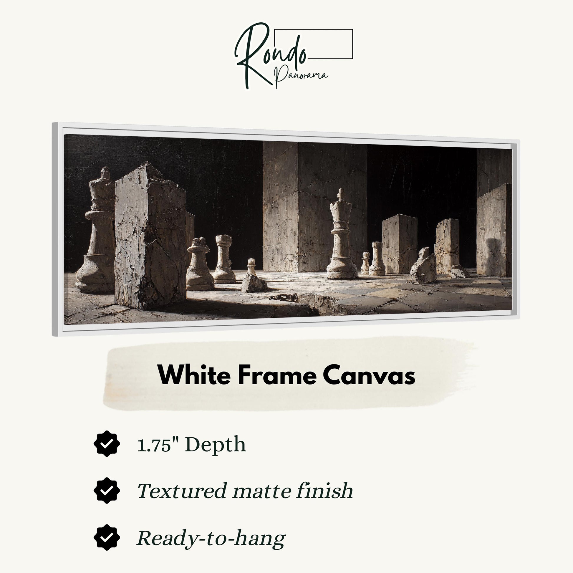 The image is a white frame canvas featuring a chessboard with pieces in a dark, shadowy environment.
