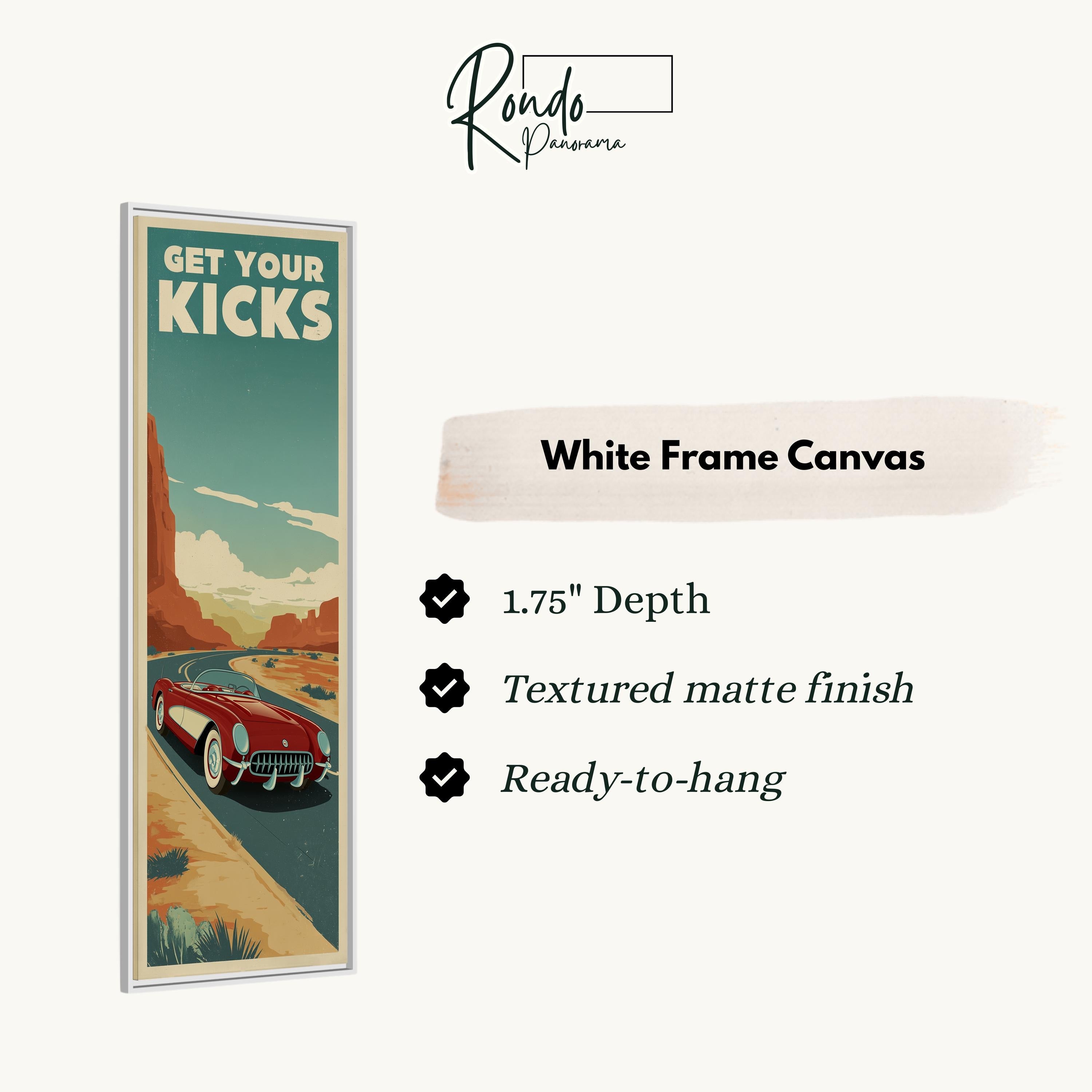 The image is a poster with a vintage-style illustration of a red car on a road, along with text promoting a product called "Get Your Kicks" and providing details about the frame.