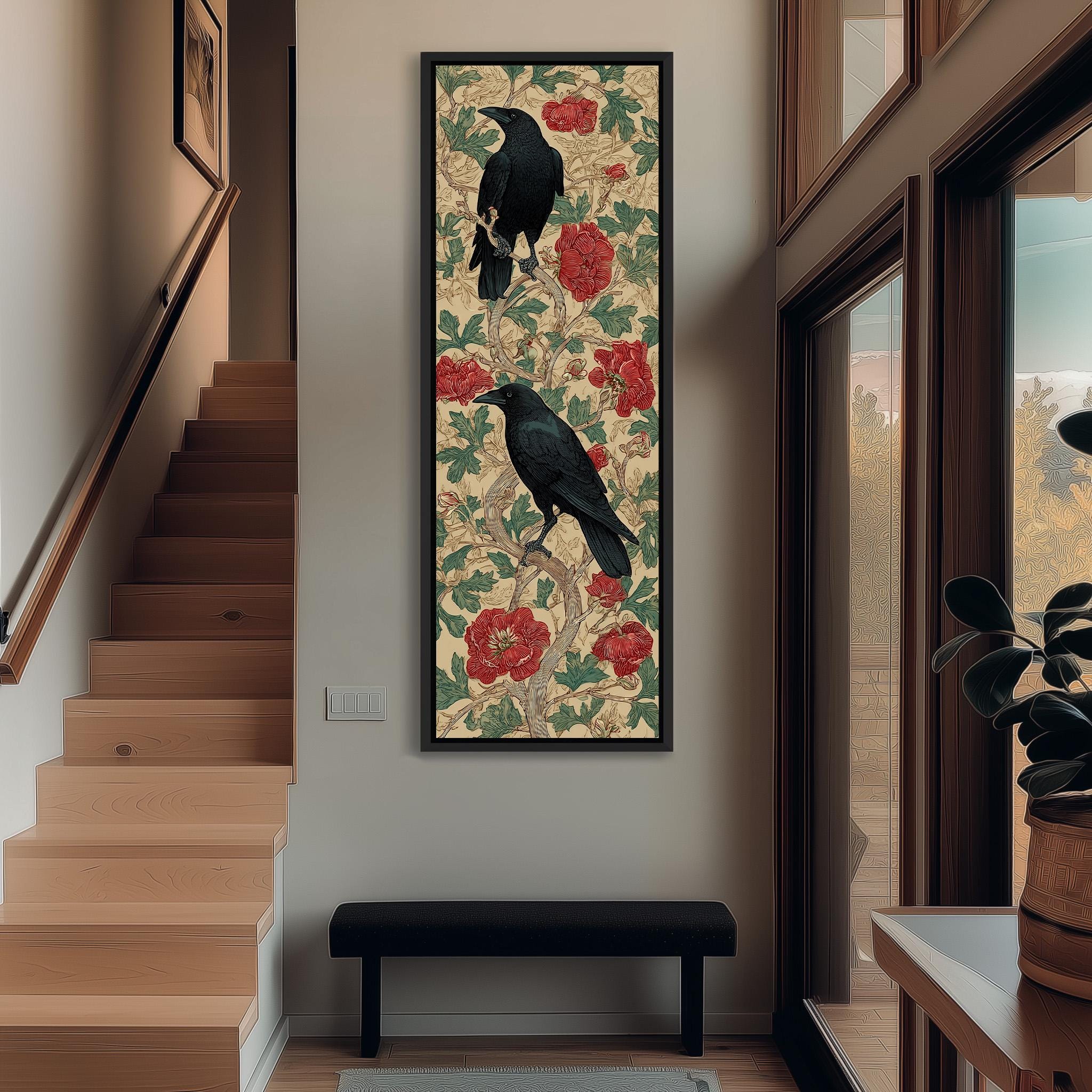 a hallway with a wooden staircase, a black bench, and a framed artwork of two black birds perched on a floral background.