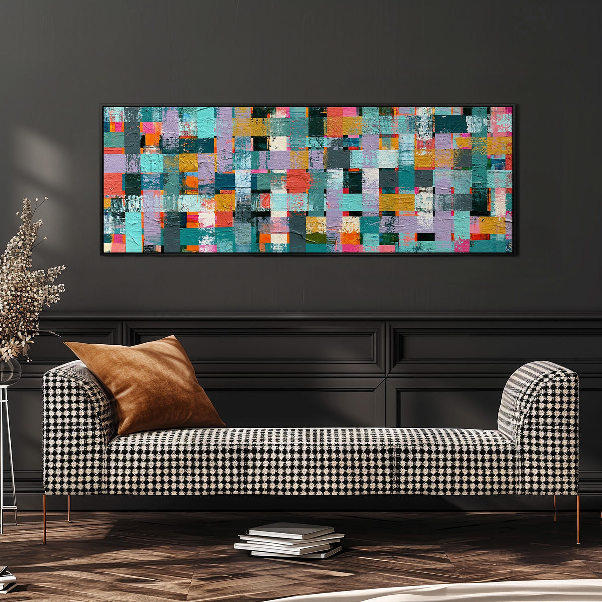 Woven grid of teal and pink blocks wide panoramic canvas print above a bench in a dark living room