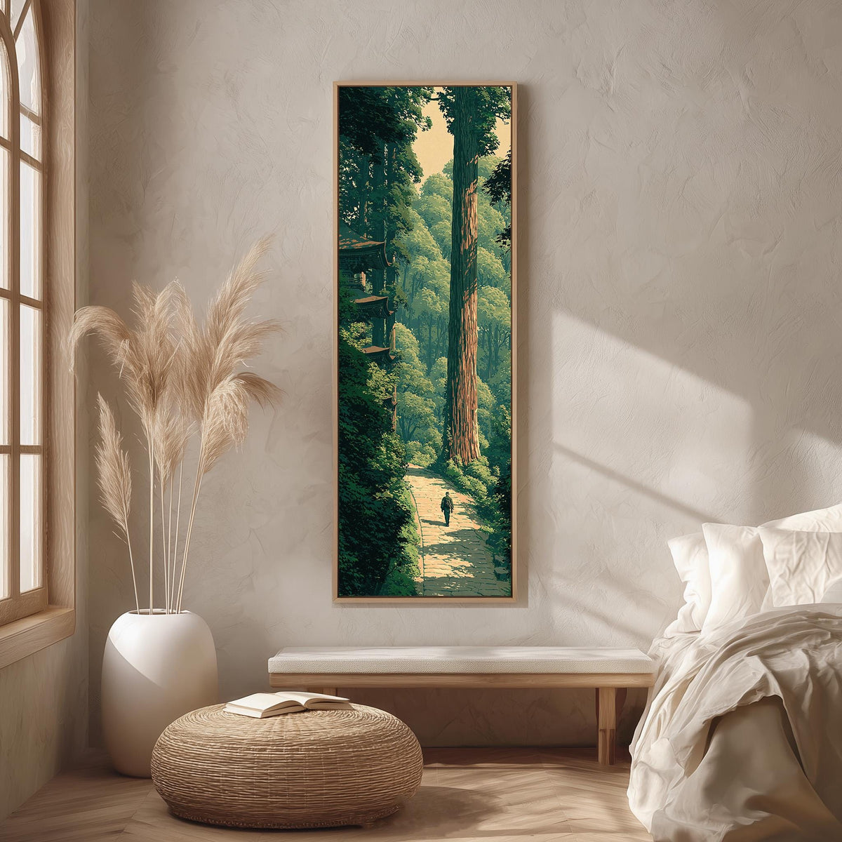 Forest path toward a pagoda long vertical canvas print in a bright reading corner