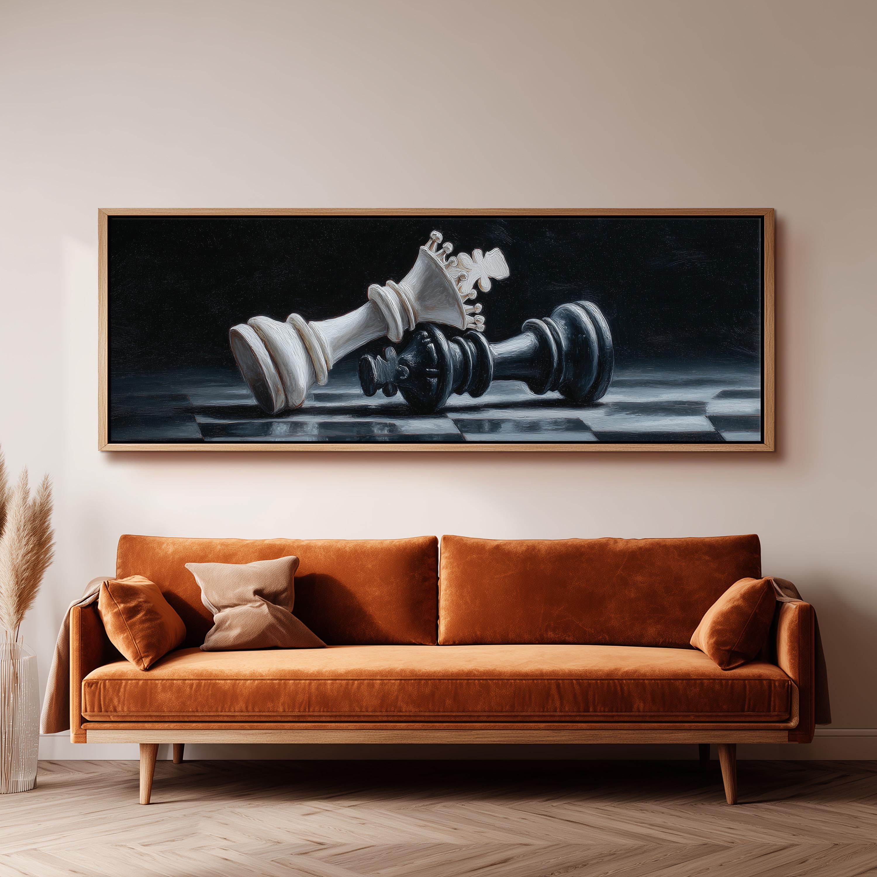 a large painting of a chess king and queen on a chessboard, hanging on a wall above a brown sofa.