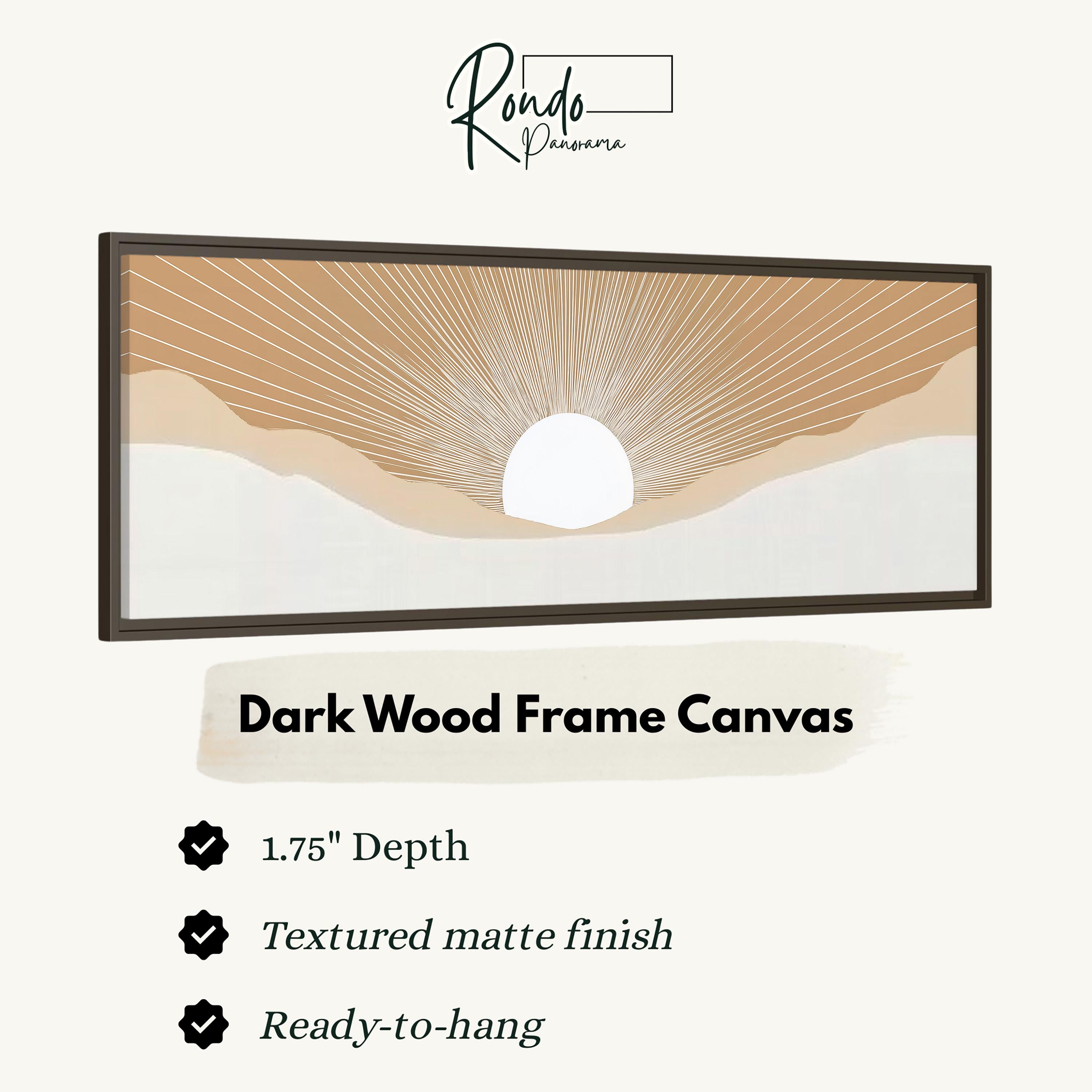 The image is a product description for a dark wood frame canvas. It features a sun-like design with a warm, earthy color palette. The canvas is 1.75" deep and has a textured matte finish. It is ready-to-hang.