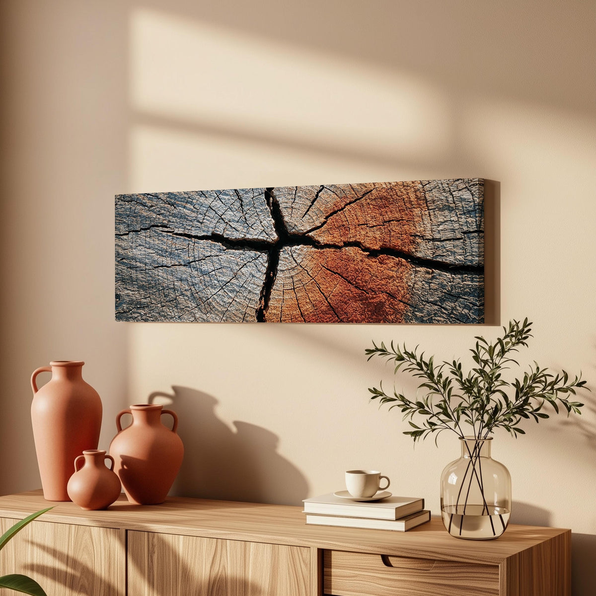 Copper cracked wood grain long horizontal canvas print above a wooden sideboard