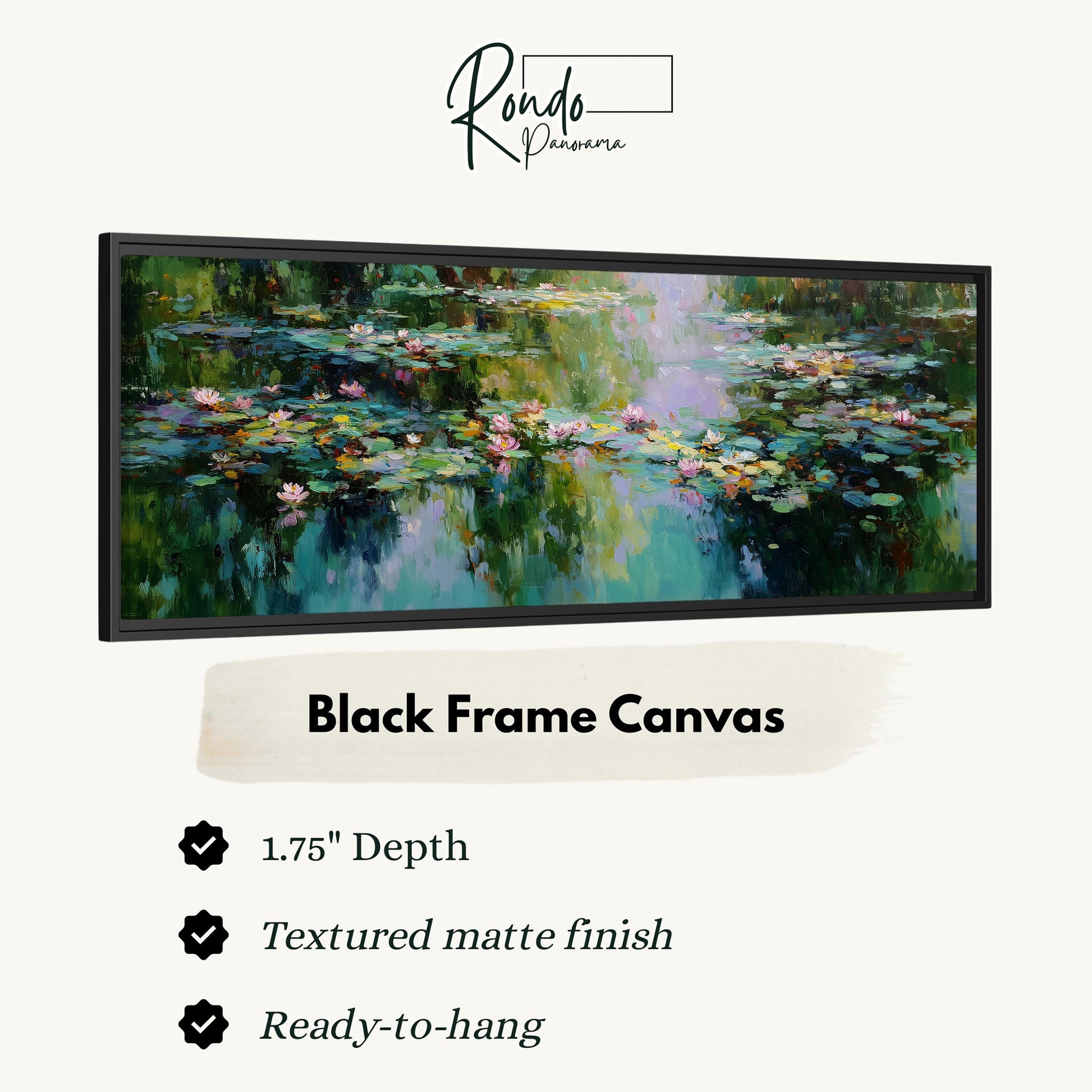 The image is a black frame canvas depicting a painting of a pond with lily pads and water lilies.