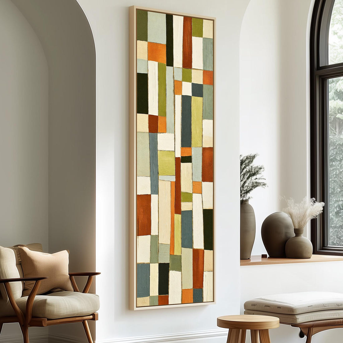 Muted sage, terracotta and cream block grid long vertical canvas print in a sunlit living space