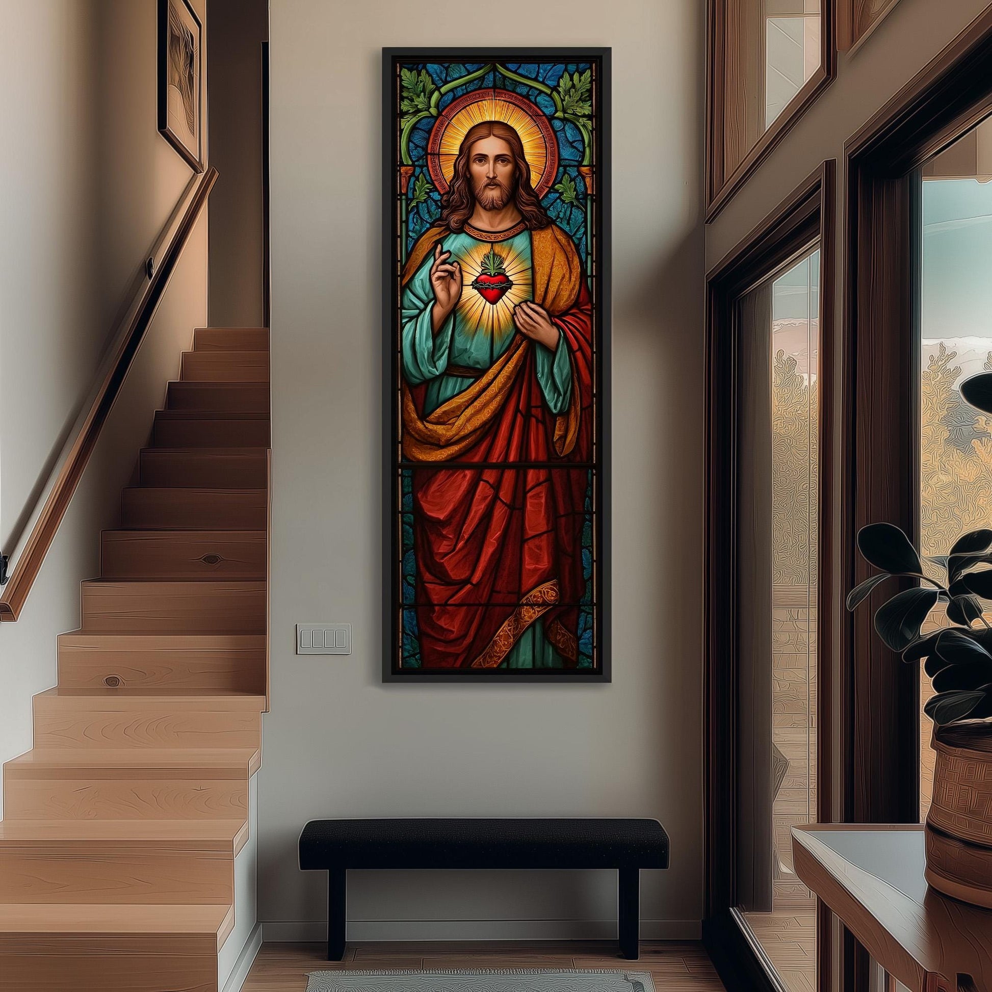 a large stained glass window depicting Jesus Christ, with a red robe and a halo, hanging on the wall of a hallway.
