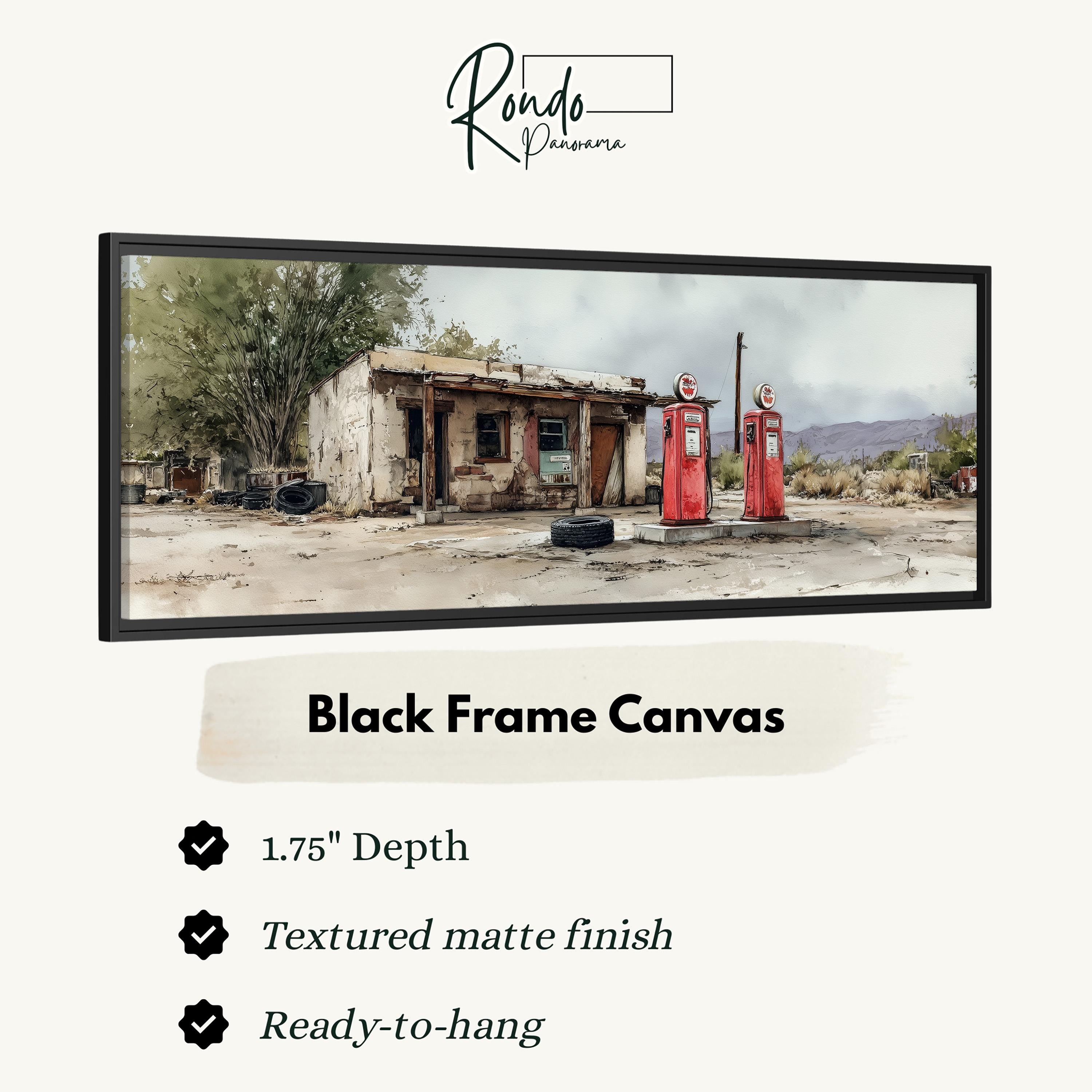 The image is a black frame canvas depicting a dilapidated gas station with two red pumps.