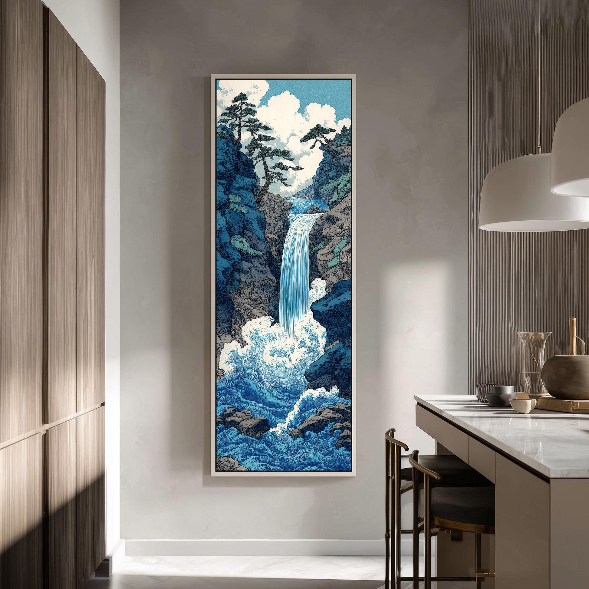 a large, framed painting of a waterfall in a serene landscape, hanging on a wall in a modern kitchen.