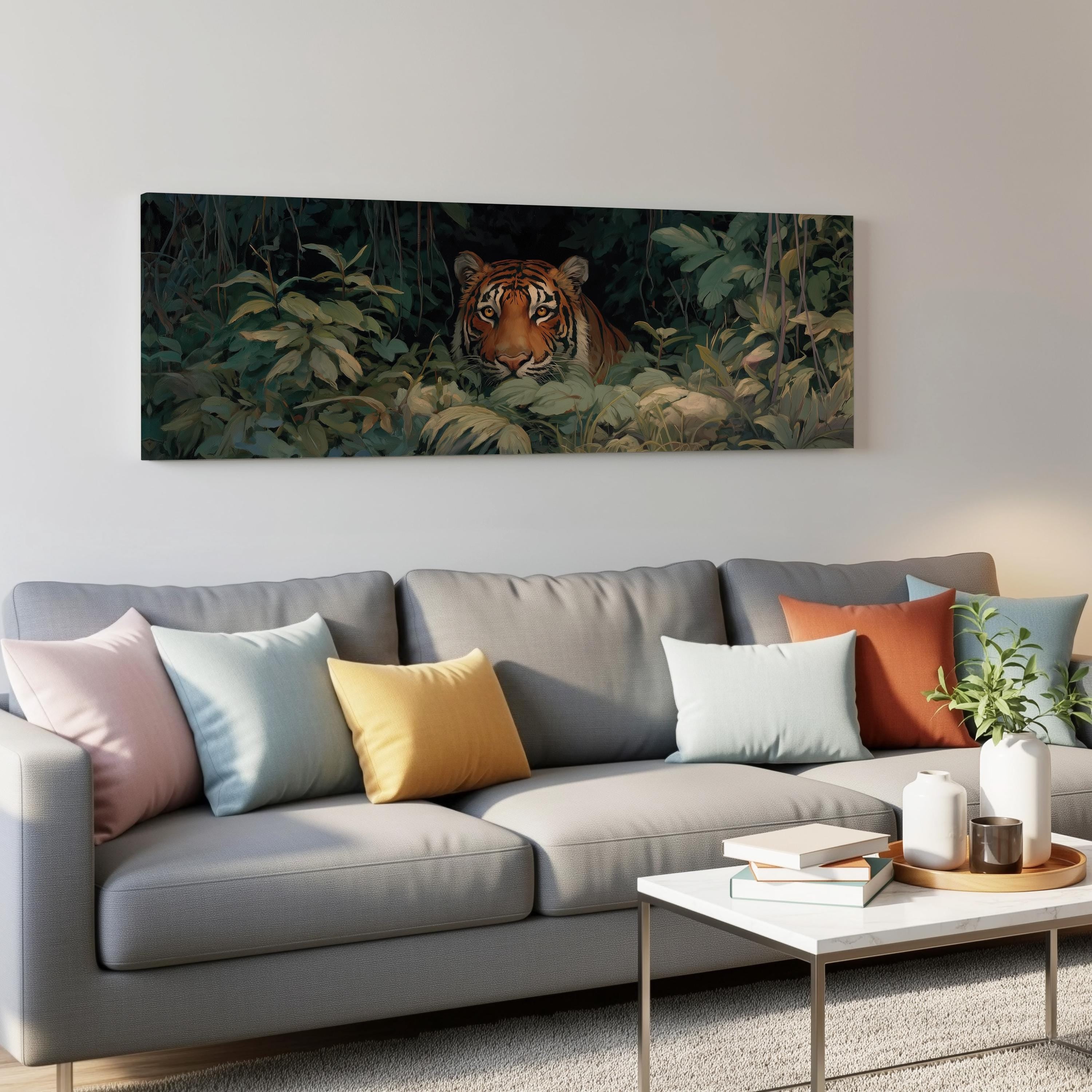 a large painting of a tiger on the wall above a gray couch with colorful throw pillows.