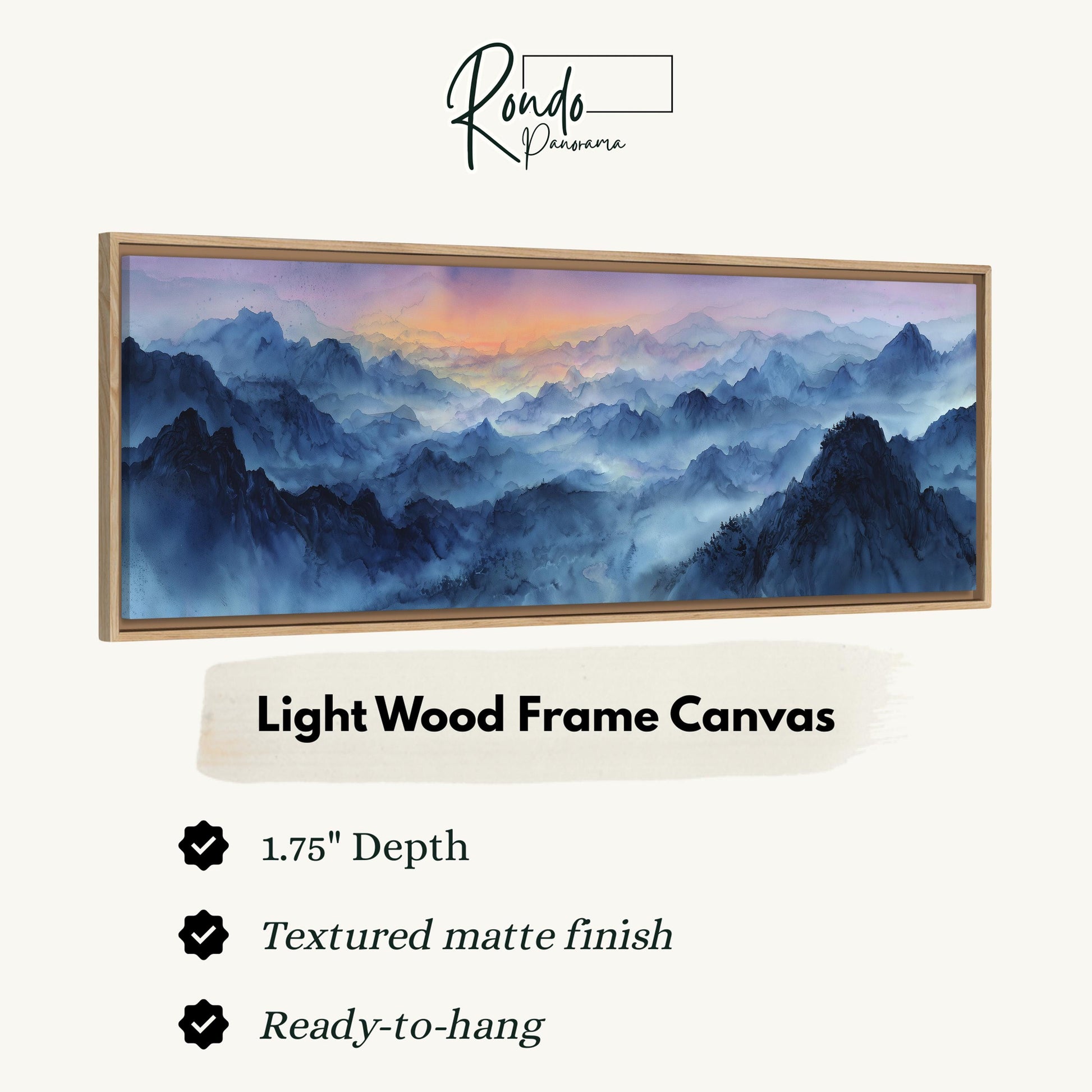 The image is a framed artwork depicting a mountainous landscape with a hazy, misty atmosphere.
