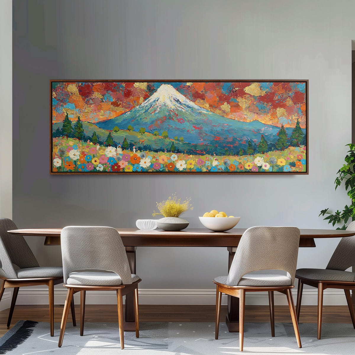 Mount Fuji above autumn trees and wildflowers long horizontal canvas print above a dining table