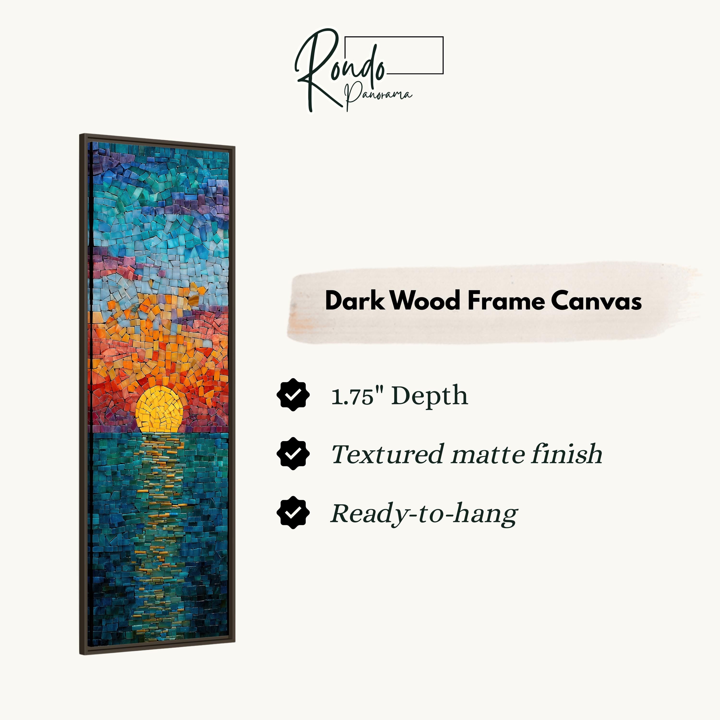 The image is a rectangular dark wood frame canvas with a vibrant mosaic design depicting a sunset over a body of water.