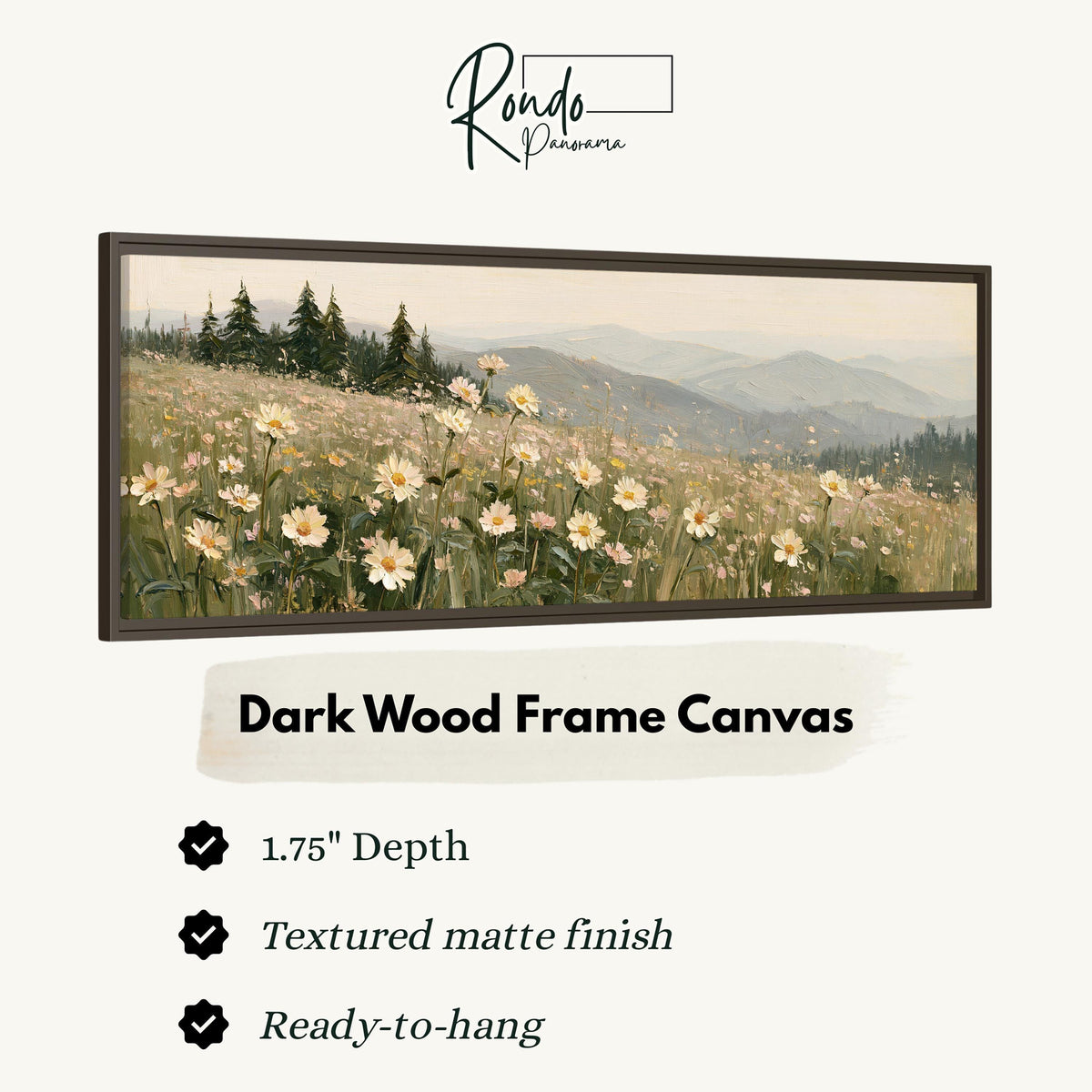 Daisy hillside below blue mountains canvas print in a dark wood floating frame