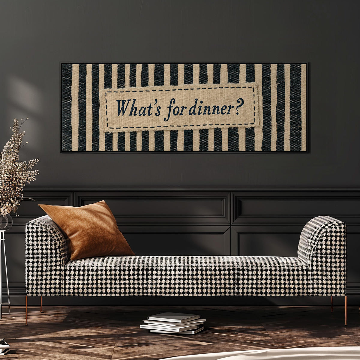 What's for dinner sign on black stripes long horizontal canvas print above a dining table