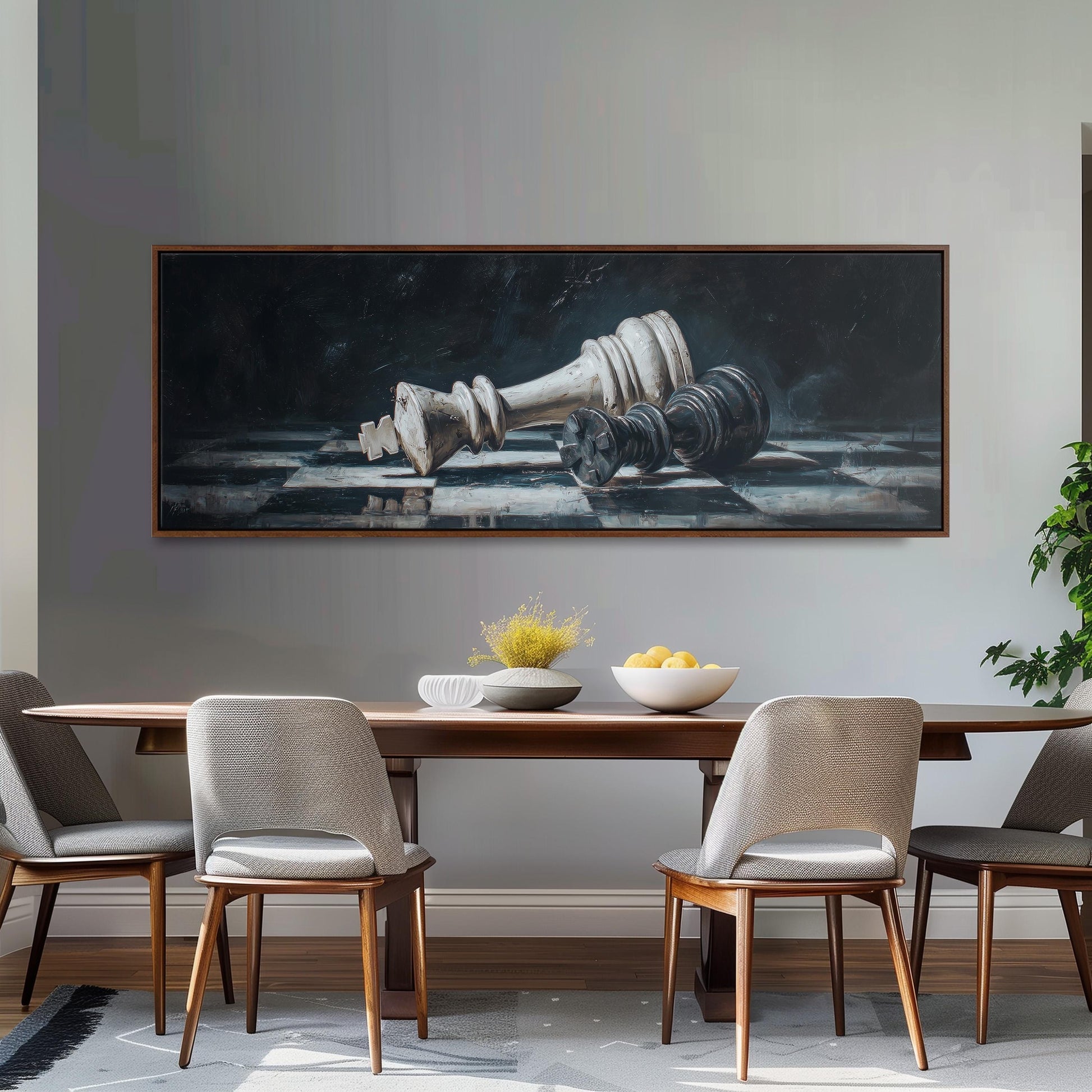 a large painting of a chess king on the wall above a wooden dining table with four chairs.