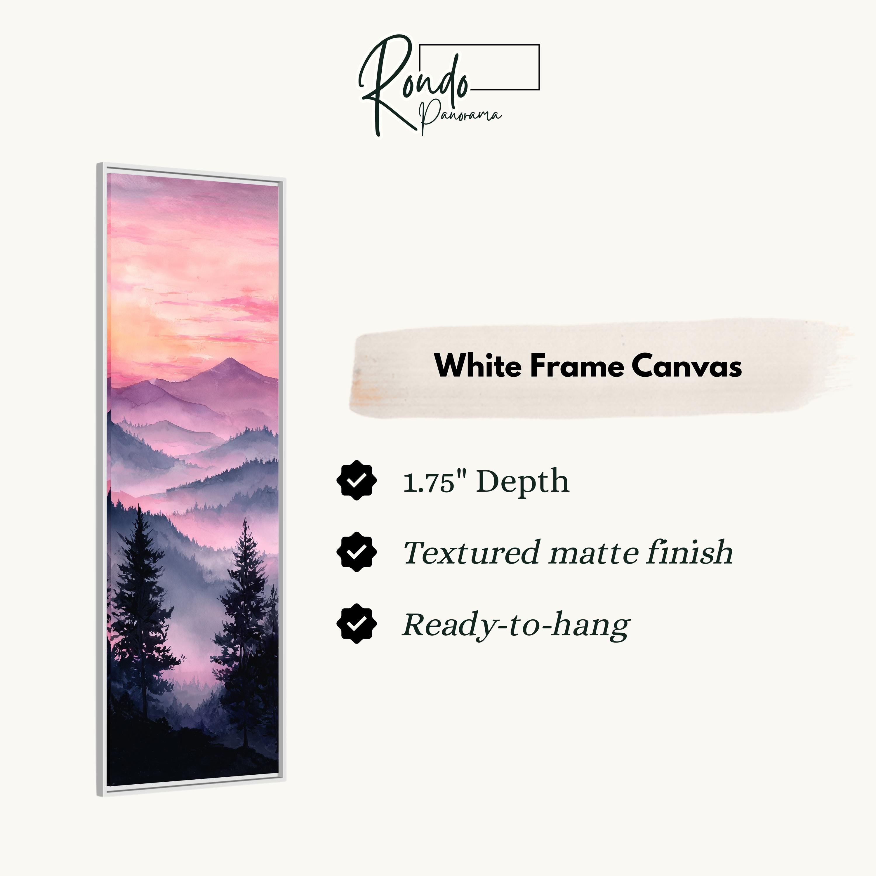 The image is a white frame canvas depicting a mountain landscape with a sunset.