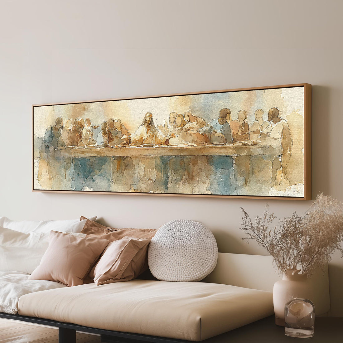 The Last Supper in watercolor long horizontal canvas print displayed on a wall