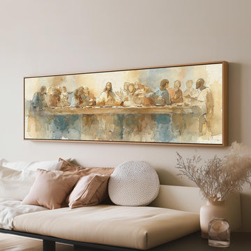 The Last Supper in watercolor long horizontal canvas print displayed on a wall