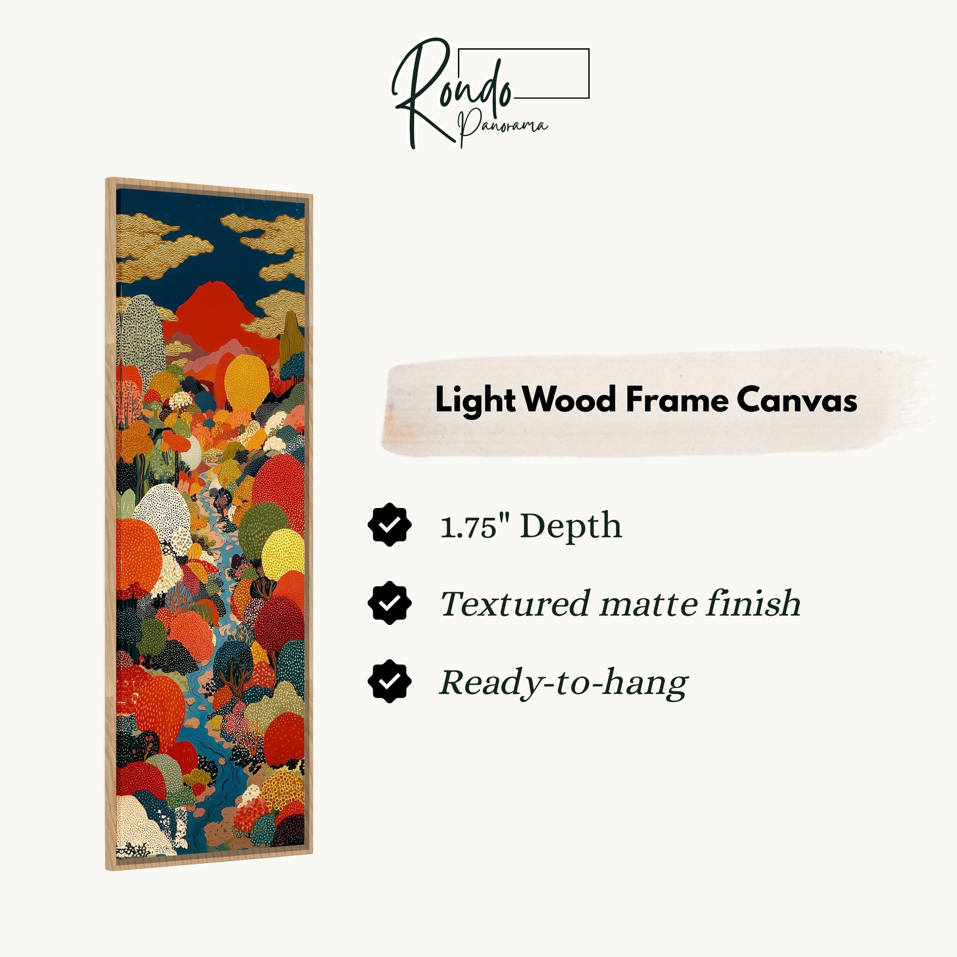 The image is a vertical text box with information about a light wood frame canvas.