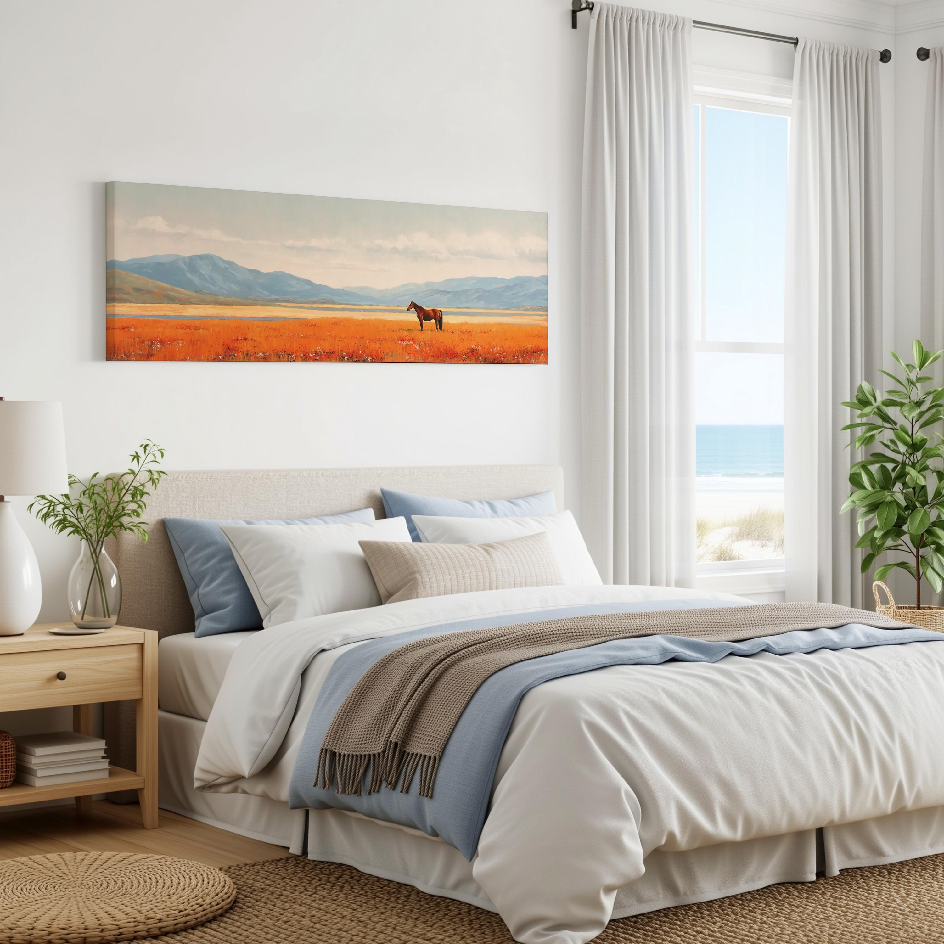 a serene bedroom scene with a large bed, a painting of a horse in a field, and a window overlooking the ocean.