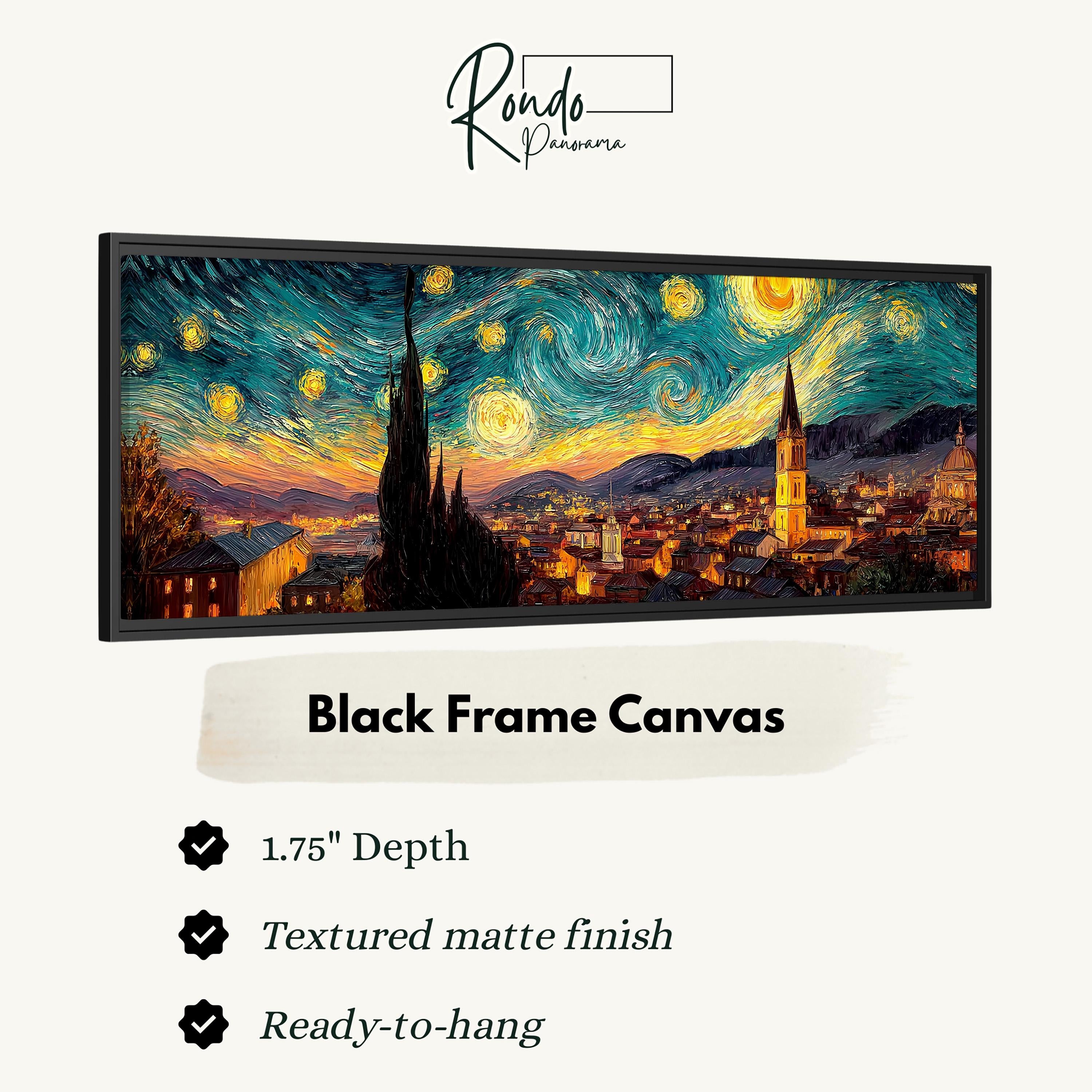 The image is a black frame canvas depicting a night sky with stars and a cityscape.