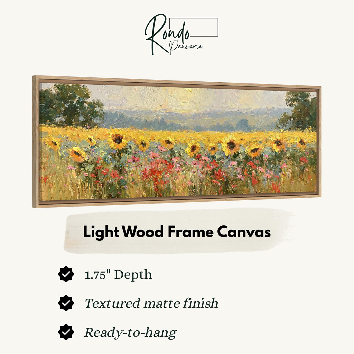 Sunflower and poppy meadow canvas print in a light wood floating frame