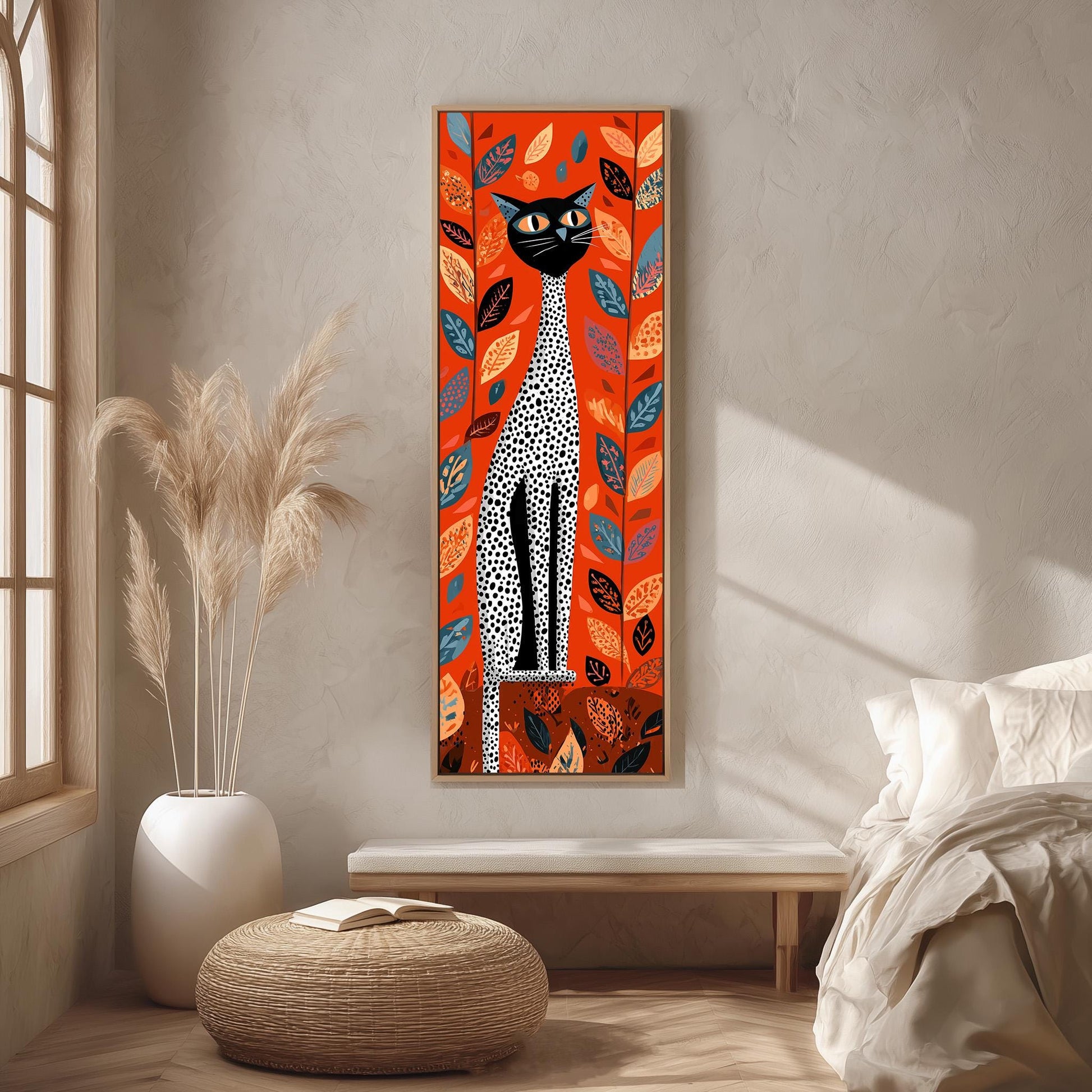 a large, colorful painting of a cat with a black and white spotted pattern, hanging on a wall in a room with a wooden floor and a white bed.