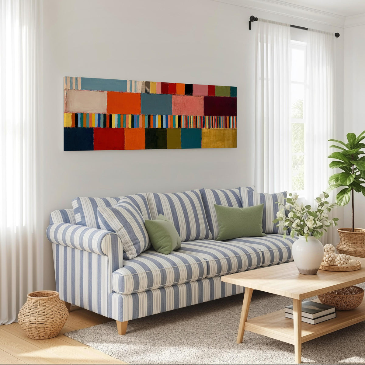 Rainbow patchwork color bands long horizontal canvas print above a striped sofa in a coastal living room