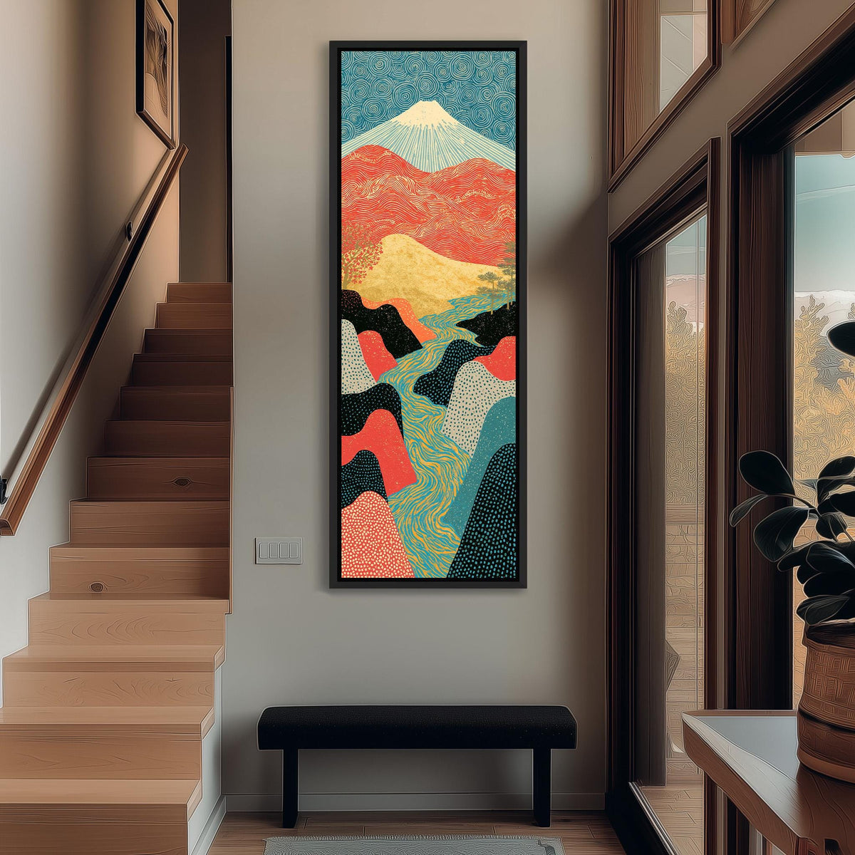 Mount Fuji above a winding river valley tall narrow canvas print beside a staircase in an entryway