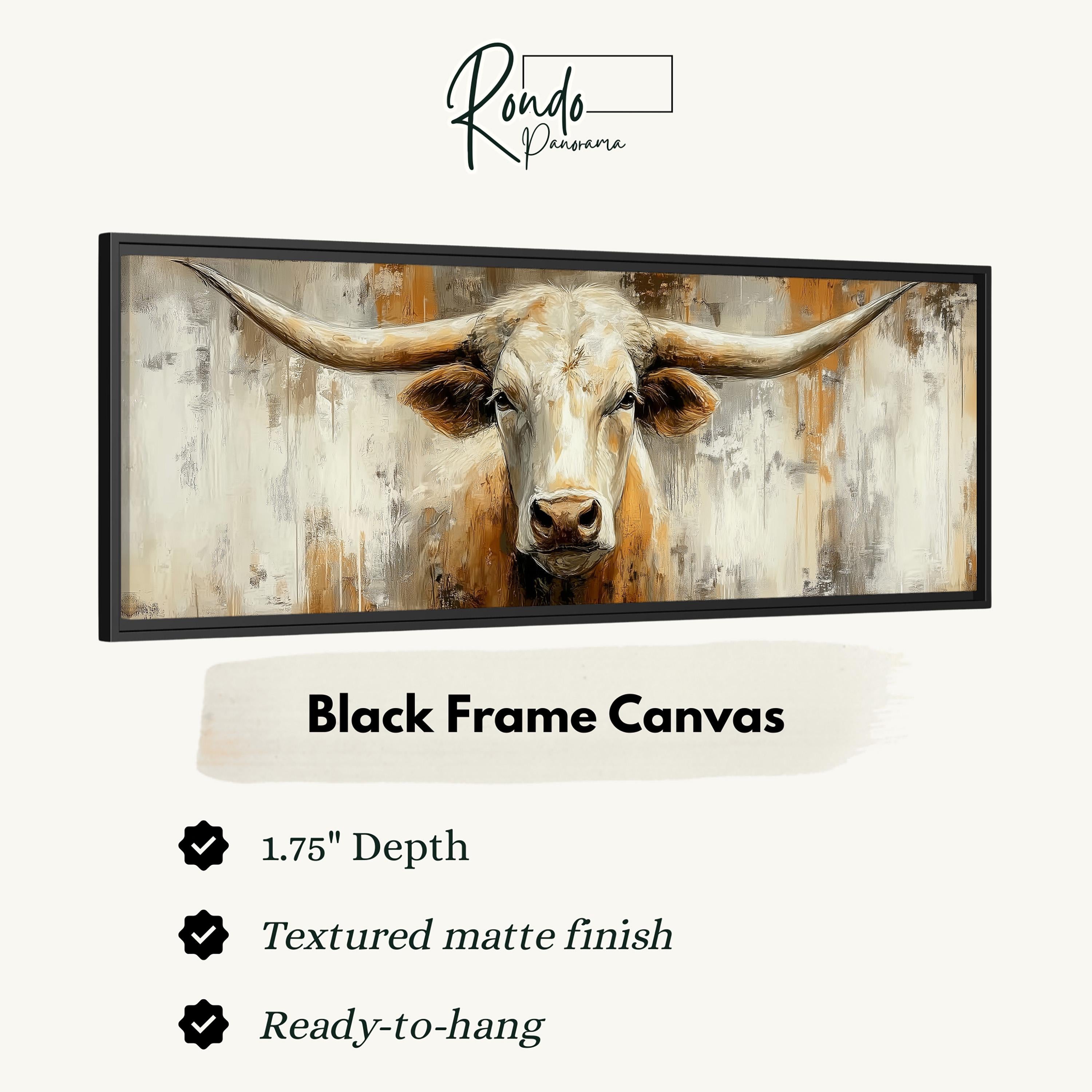 The image is a black frame canvas depicting a close-up of a bull's head with long horns.