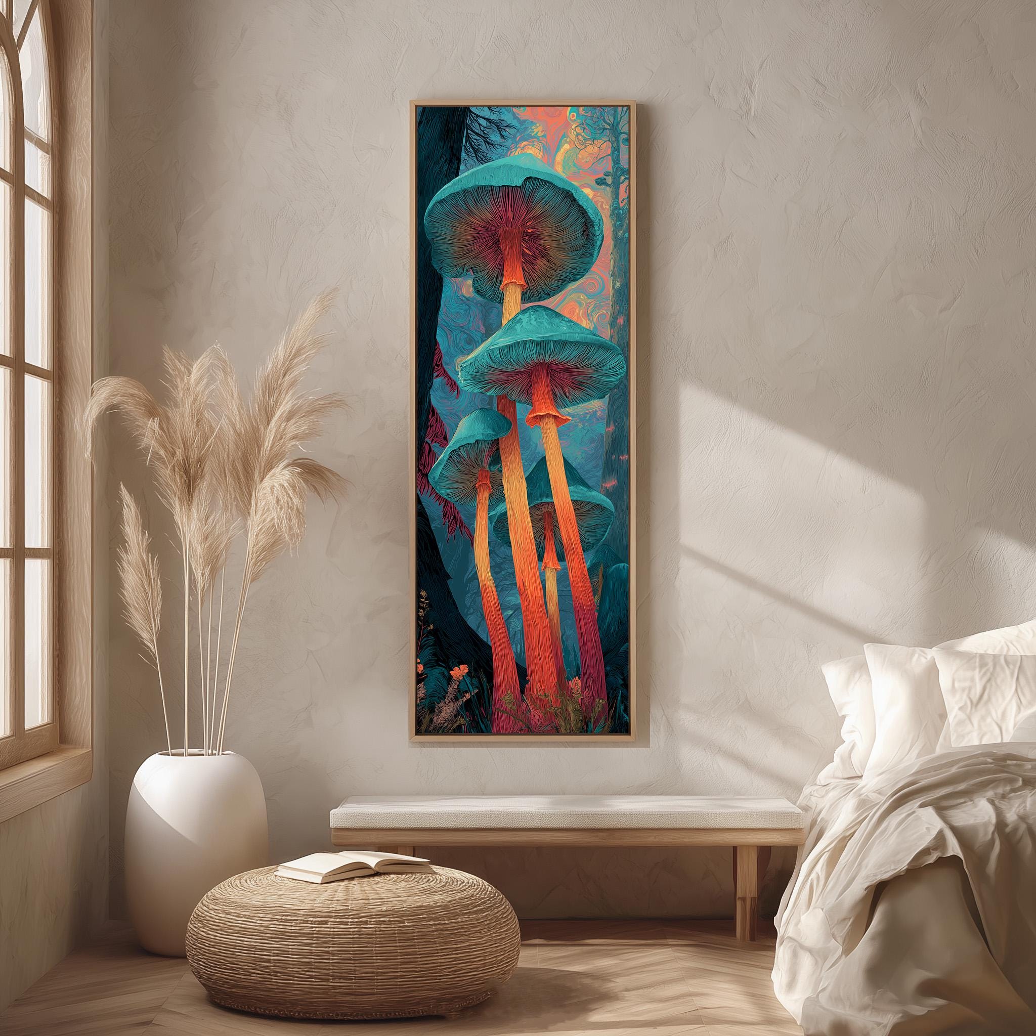 a large, colorful painting of mushrooms hanging on a wall in a room with a bed, a potted plant, and a woven ottoman.