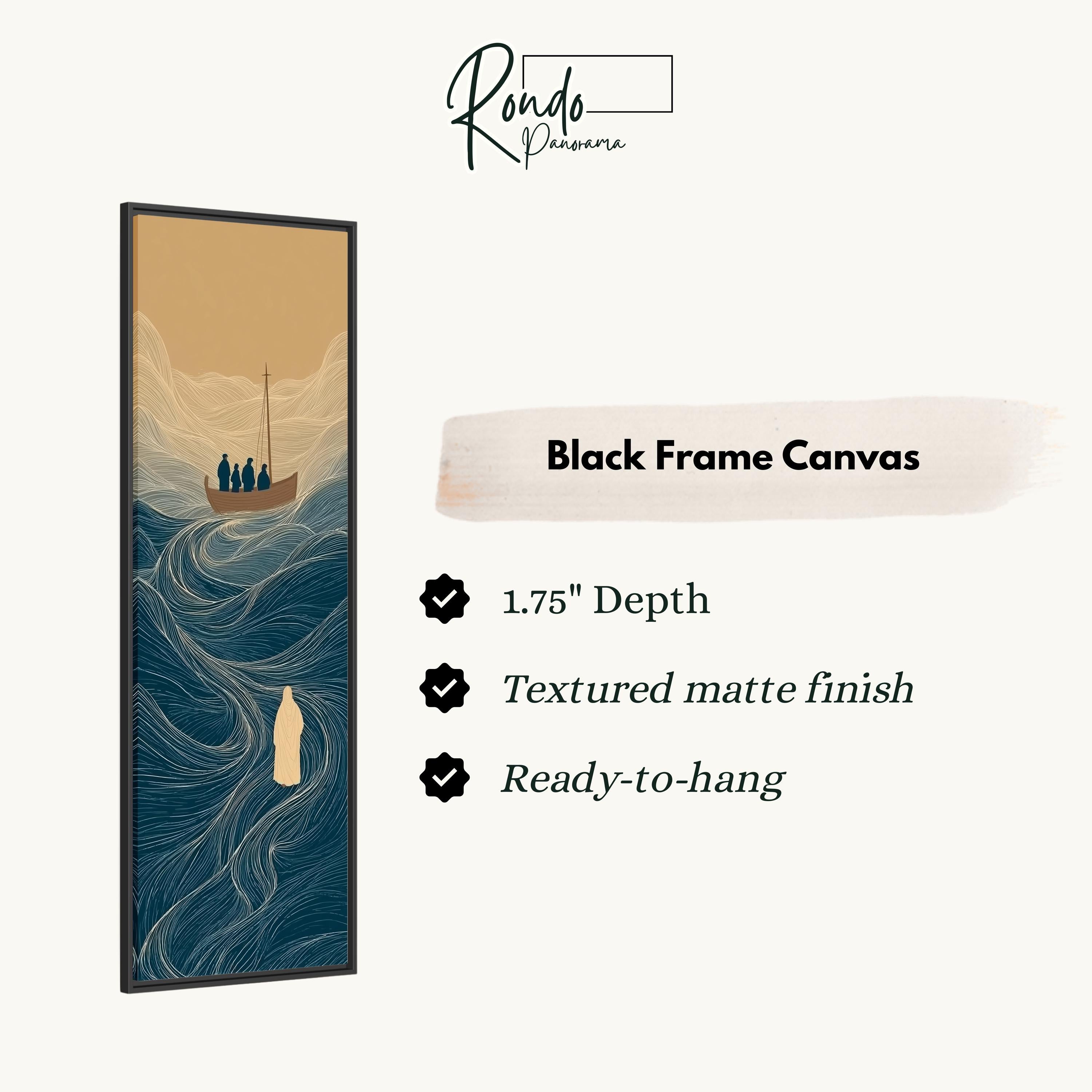 The image is a black frame canvas depicting a boat on a body of water, with a text box providing information about the product.