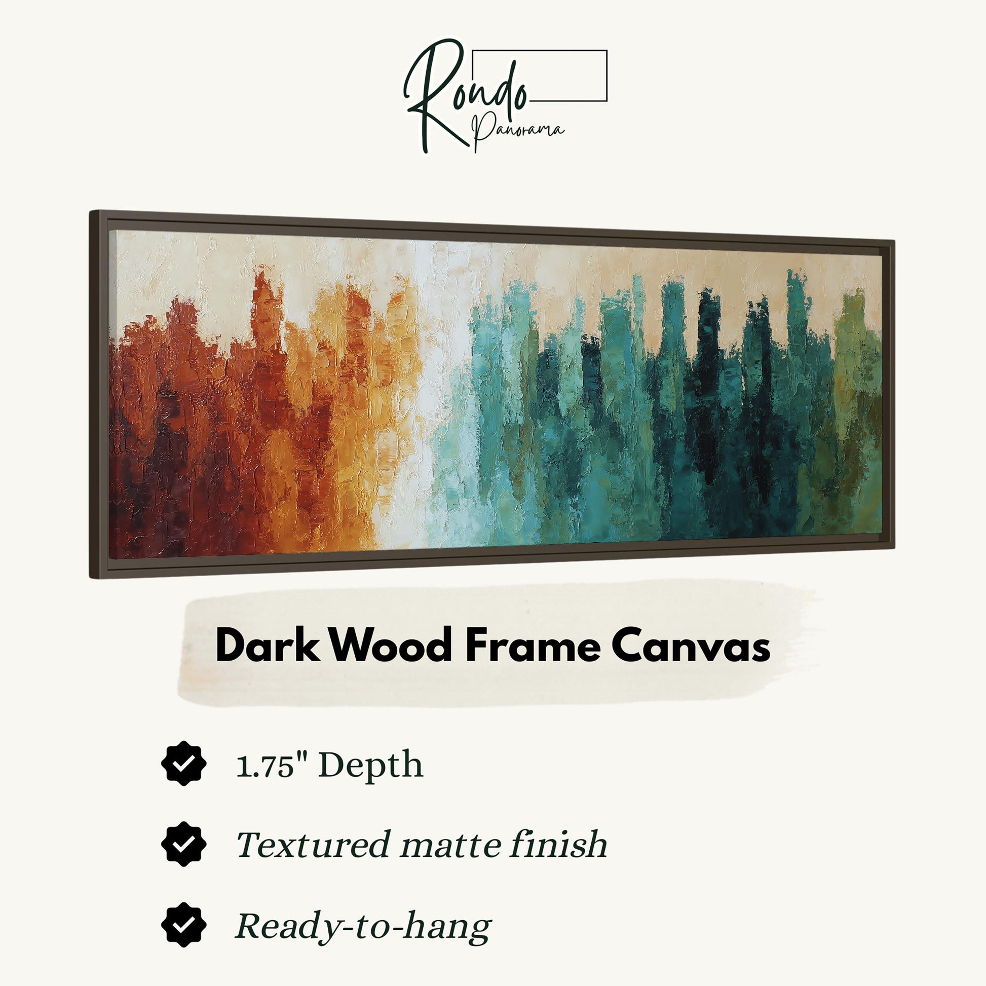 The image is a product advertisement for a dark wood frame canvas. It features a painting of a cityscape with a textured matte finish and a 1.75" depth. The product is described as textured matte finish and ready-to-hang.