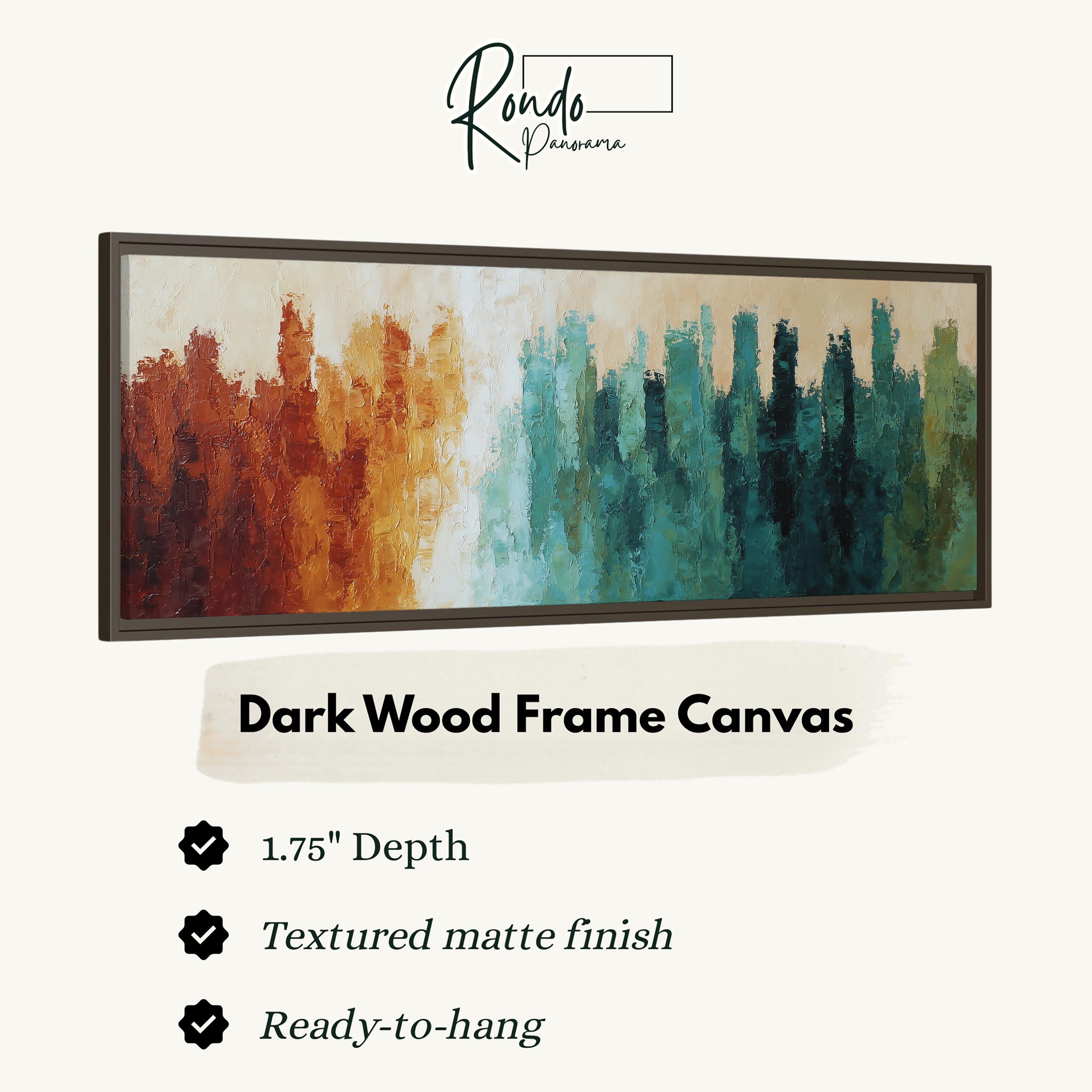 The image is a product advertisement for a dark wood frame canvas. It features a painting of a cityscape with a textured matte finish and a 1.75" depth. The product is described as textured matte finish and ready-to-hang.