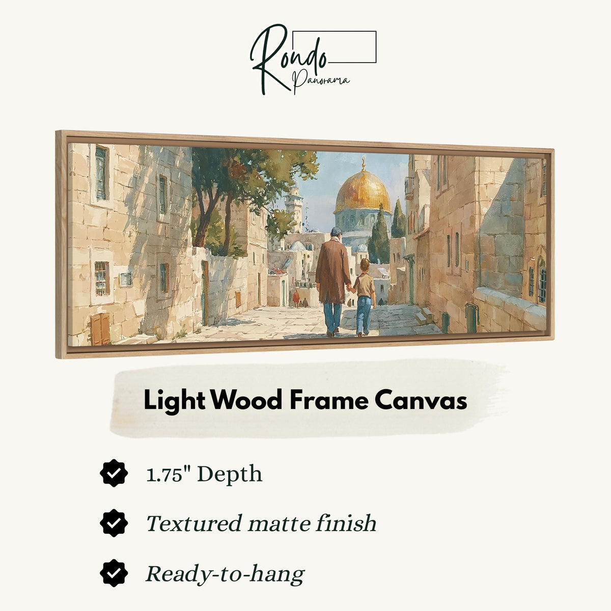 Jerusalem old city street with the golden dome canvas print in a light wood floating frame
