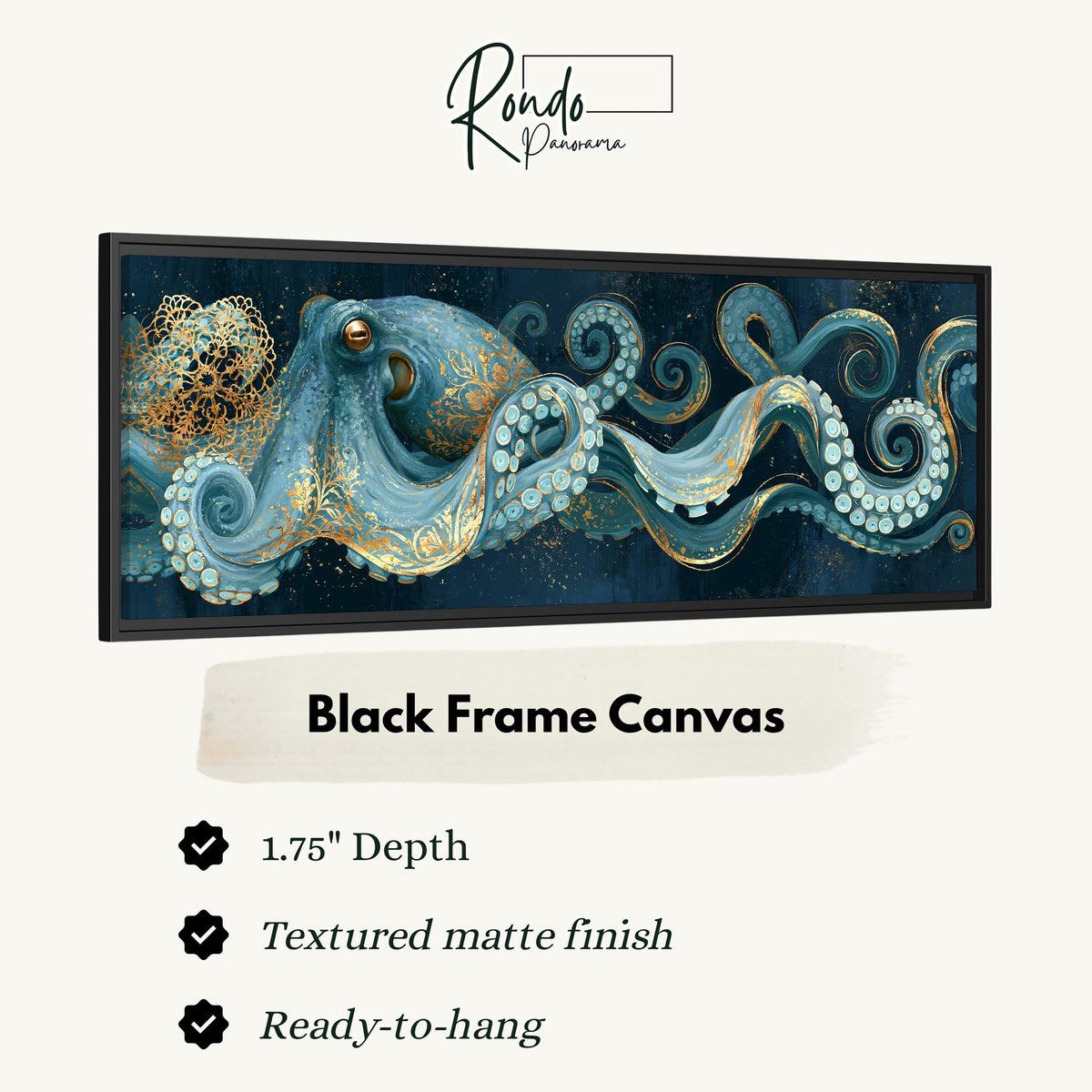 Blue and gold octopus canvas print in a black floating frame
