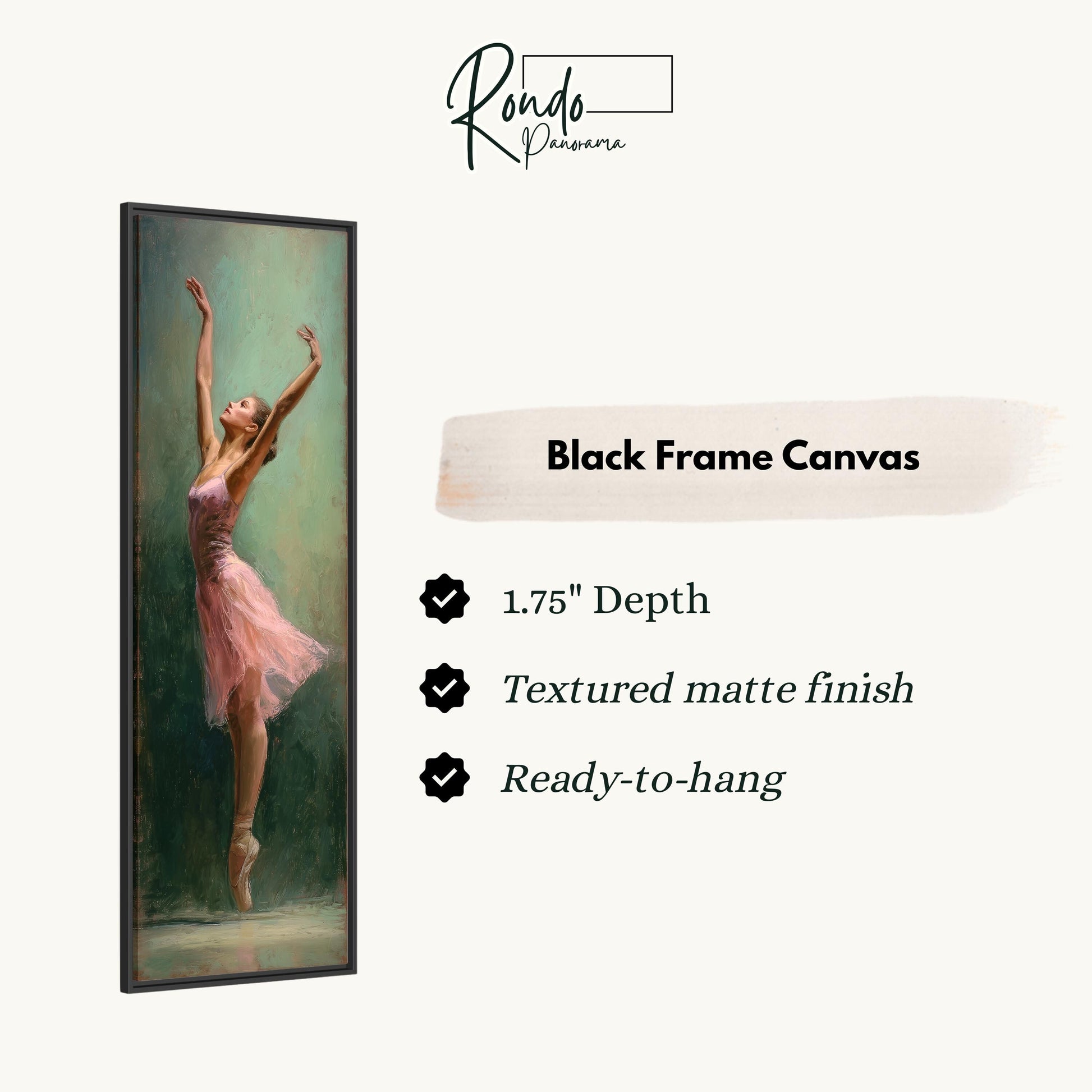 a black frame canvas depicting a woman in a pink tutu gracefully dancing.