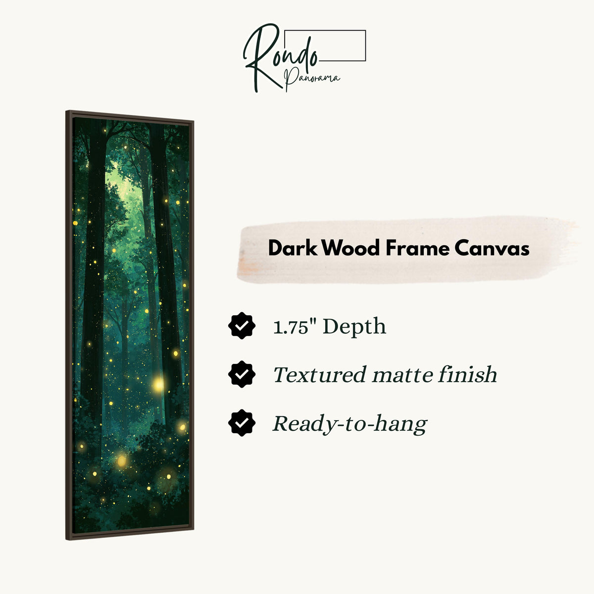 Fireflies glowing in a dark teal forest canvas print in a dark wood floating frame