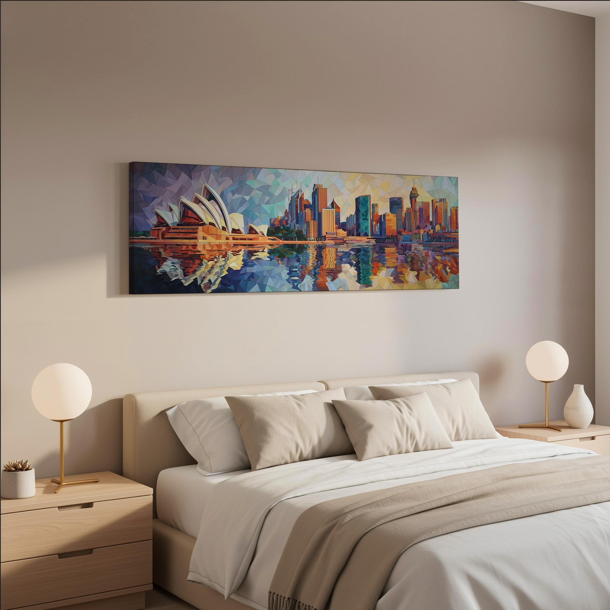 a bedroom with a large painting of the Sydney Opera House hanging on the wall above a bed with white bedding and pillows.