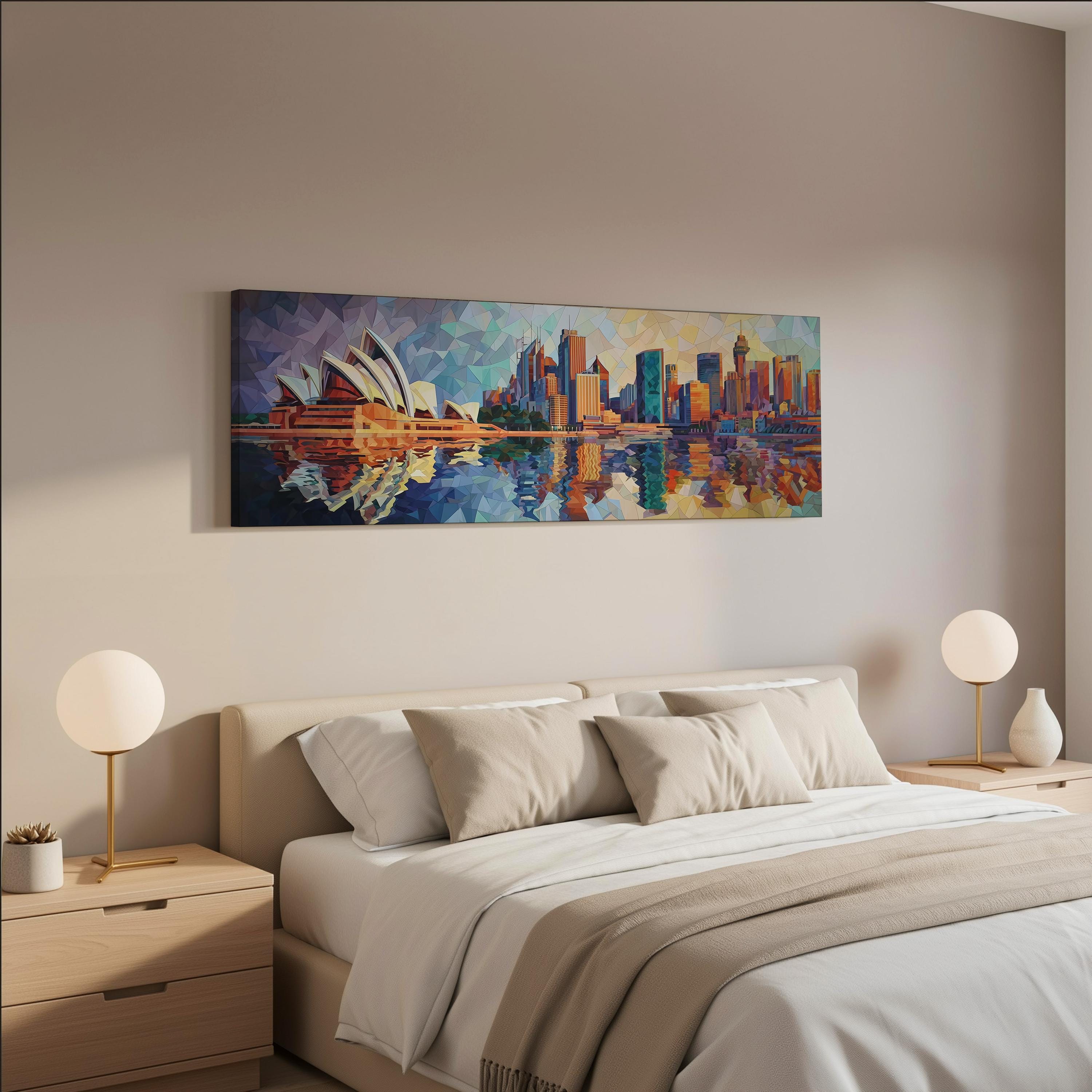 a bedroom with a large painting of the Sydney Opera House hanging on the wall above a bed with white bedding and pillows.
