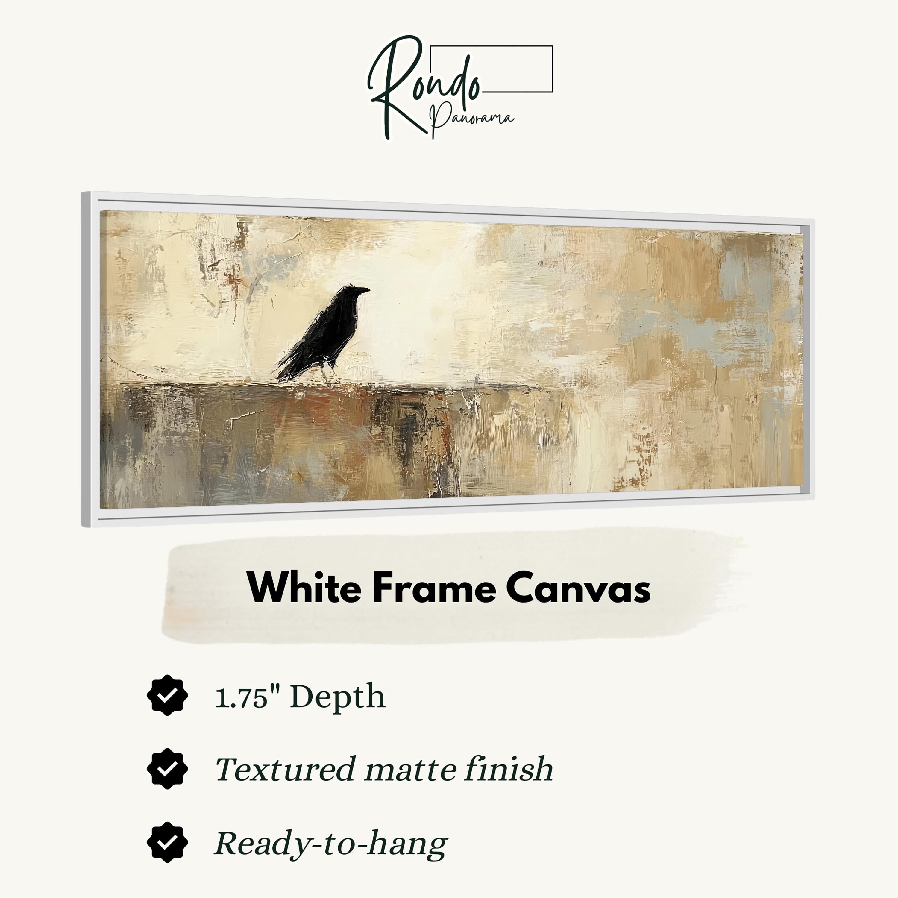 The image is a framed artwork depicting a black bird perched on a rock.