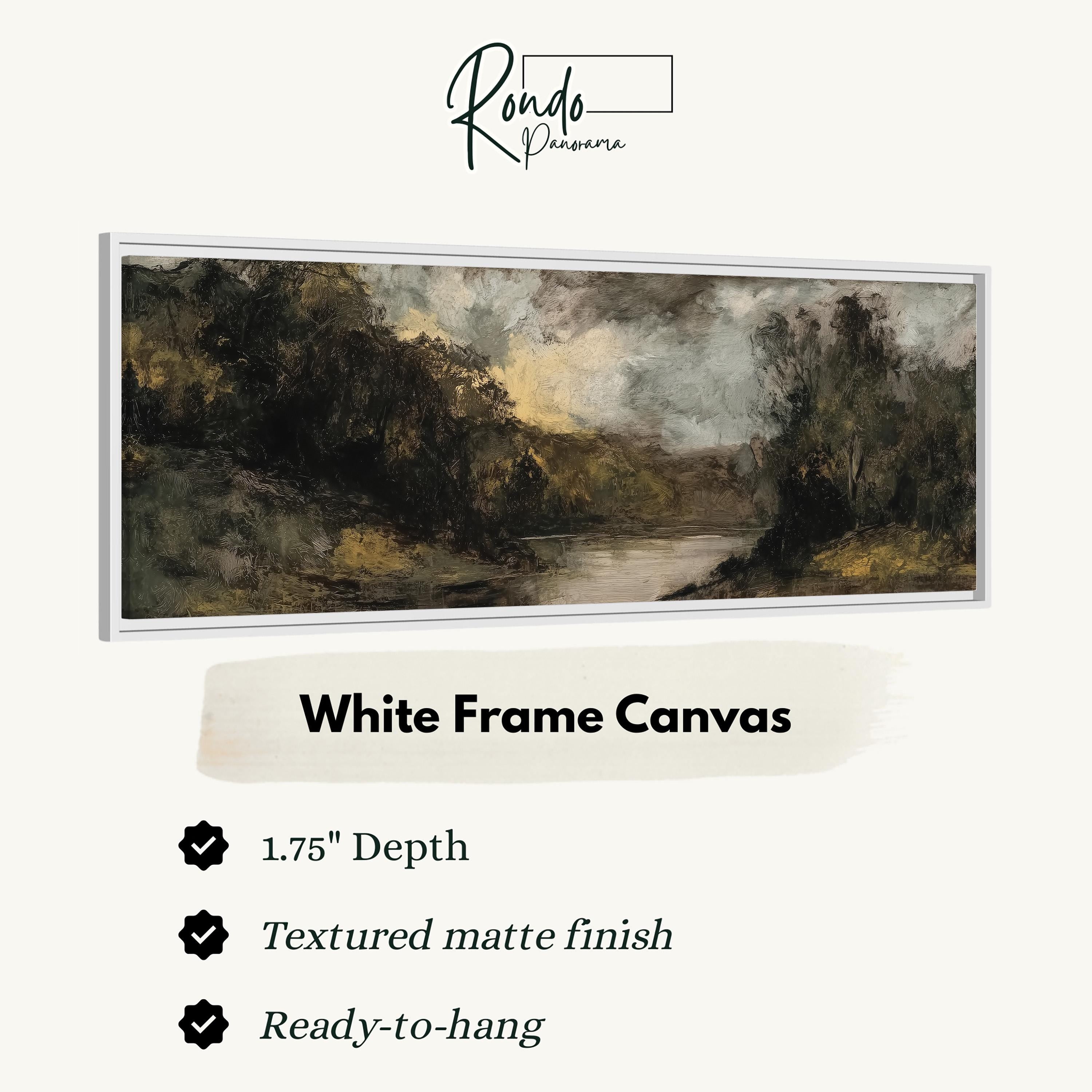 The image is a white frame canvas depicting a landscape with a river and trees.